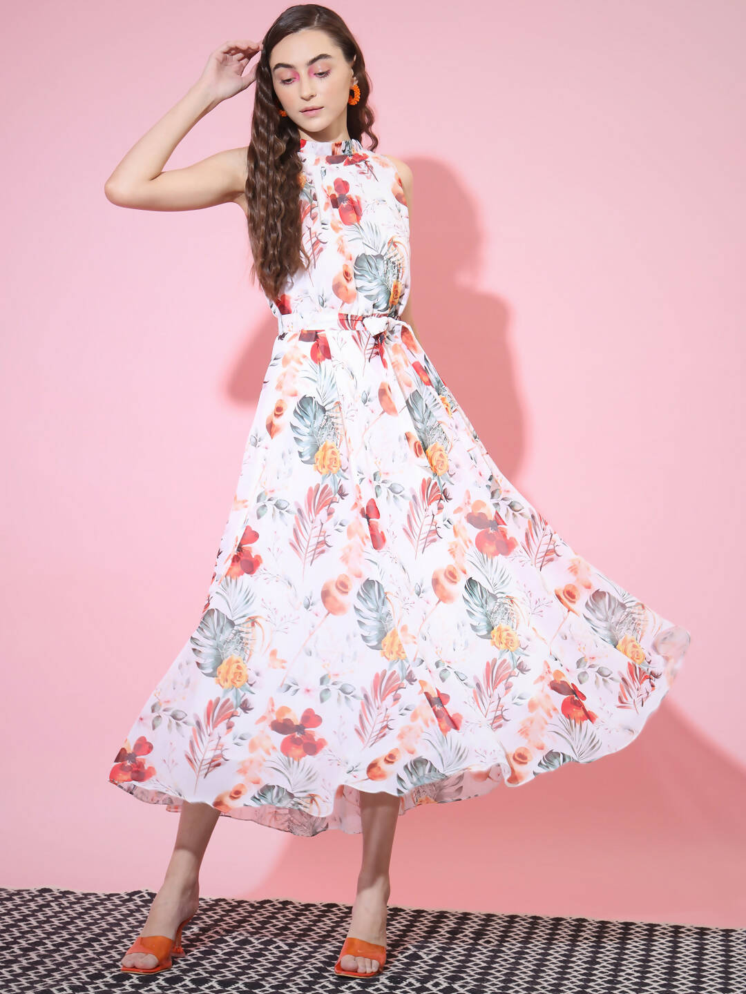 Myshka Women's White Floral Printed Empire Dress