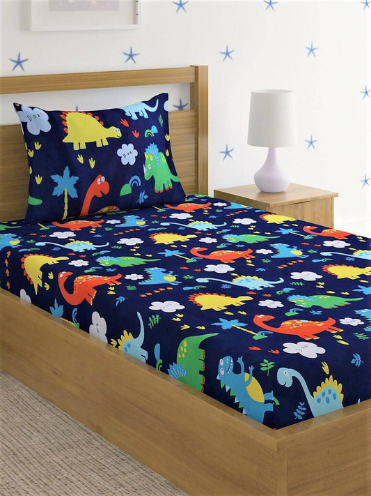 Home Sizzler Blue & Yellow Printed 210 TC Bedsheet with Pillow Covers 