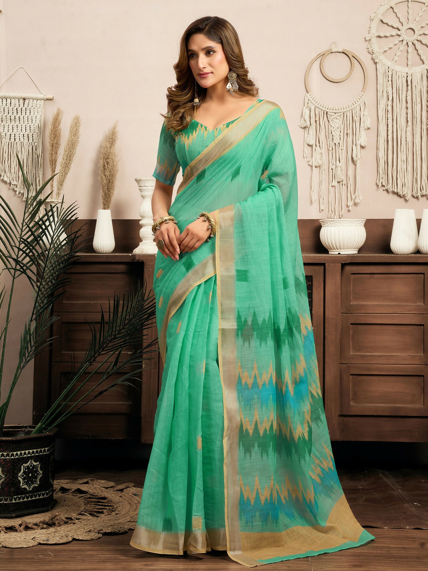 Joban Fashion Teal Green Ikkat Linen Ready To Wear Saree With Unstitched Blouse