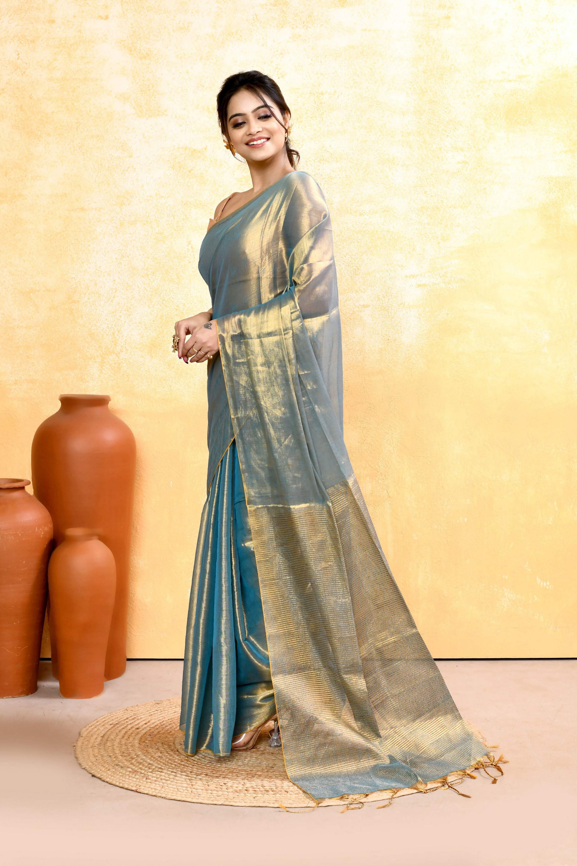Piyari Fashion Women's Copper Turquoise Dual Tone Organic Tissue Saree With Blouse Piece
