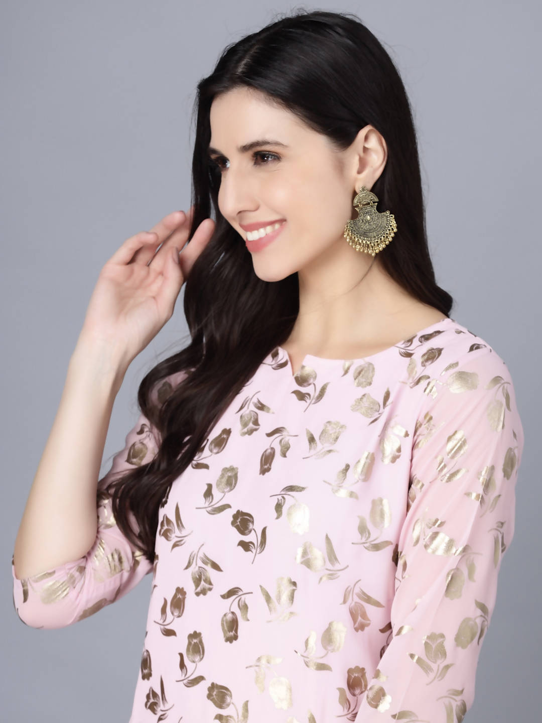 Myshka Women Pink Floral Printed Gotta Patti Georgette Kurta