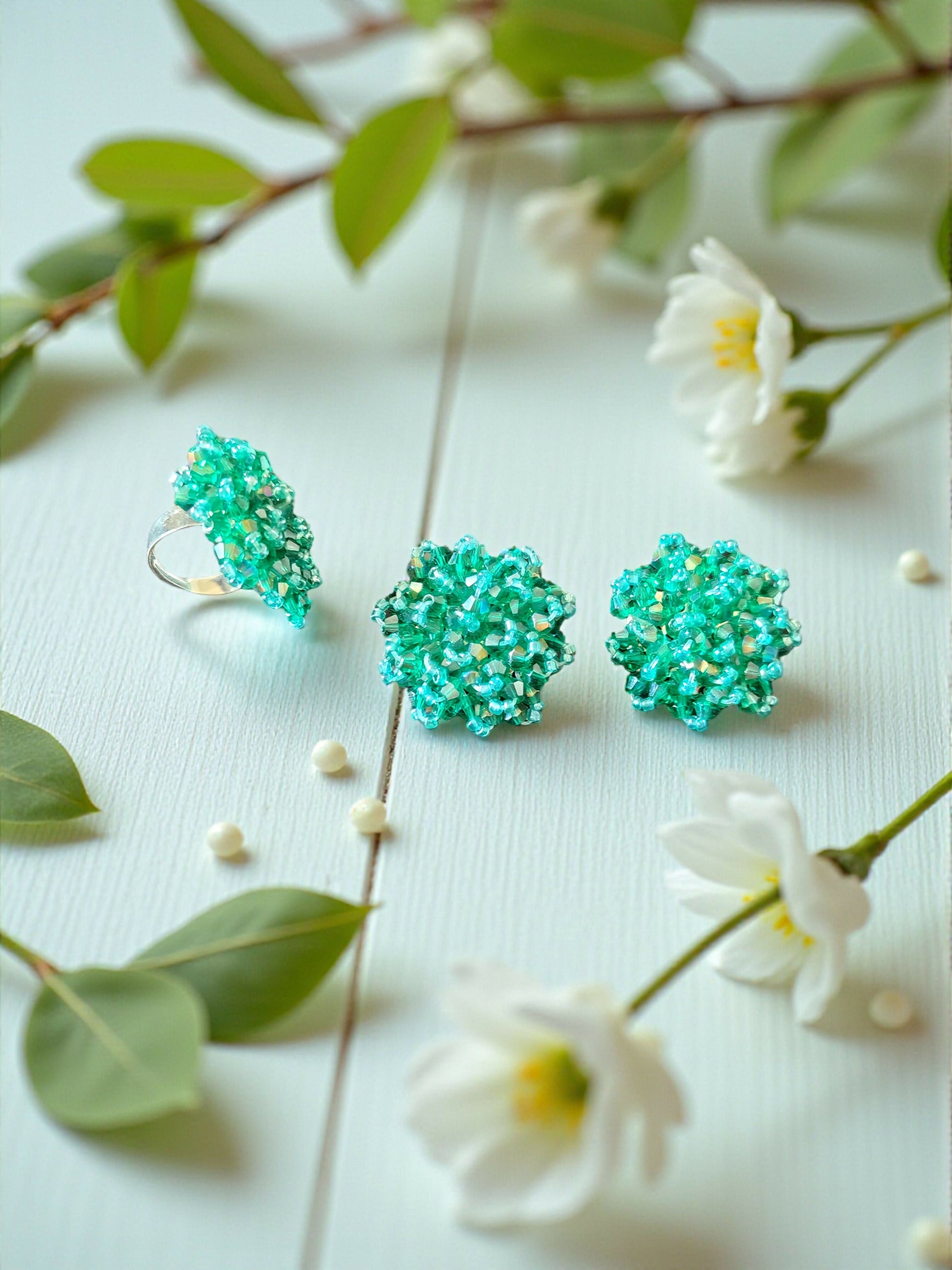 Inhanns Rangmani Crystal Duo – Adjustable Ring + Statement Earrings Set - Sea Green