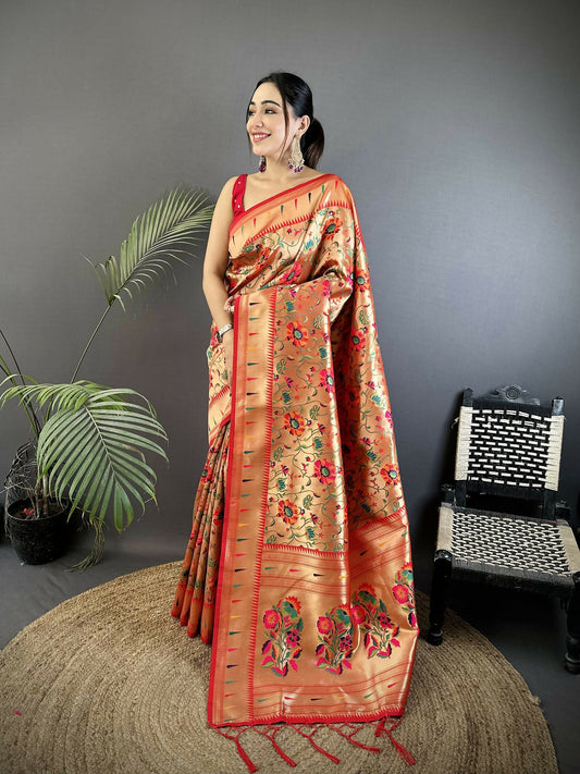 Joban Fashion Light Orange Floral  & Peacock Motifs Soft Silk Paithani Saree