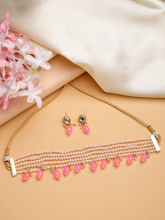 NVR Women's Pink Artificial Beads Layered Necklace with Drop Earring