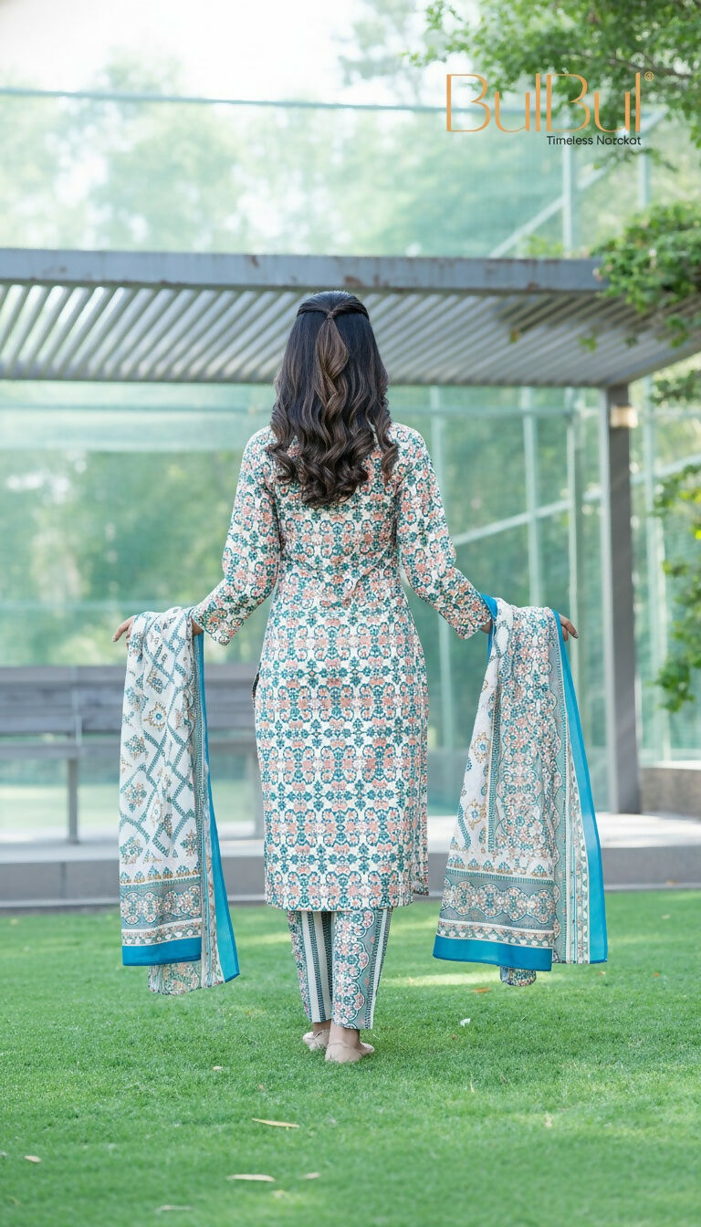 BulBul Fashionista Green-Blue Cotton Kurta Set with Dupatta 