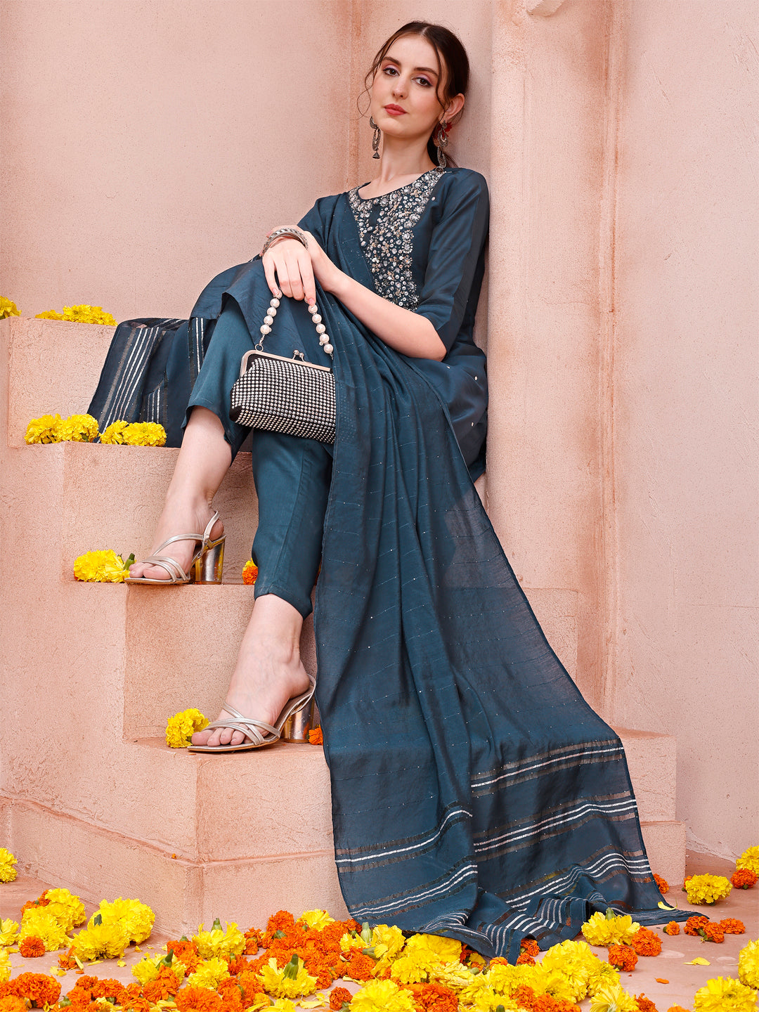 Hand Embroidered Kurta With Pant And Dupatta Set, Multicolor - Hiral Fashion