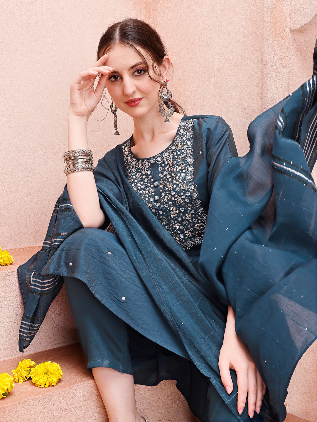 Hand Embroidered Kurta With Pant And Dupatta Set, Multicolor - Hiral Fashion