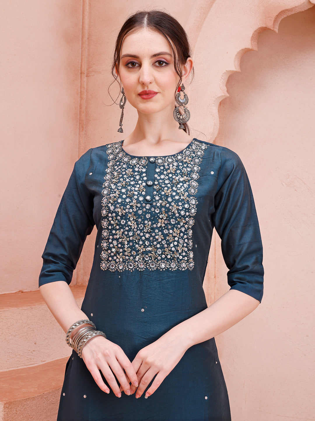 Hand Embroidered Kurta With Pant And Dupatta Set, Multicolor - Hiral Fashion