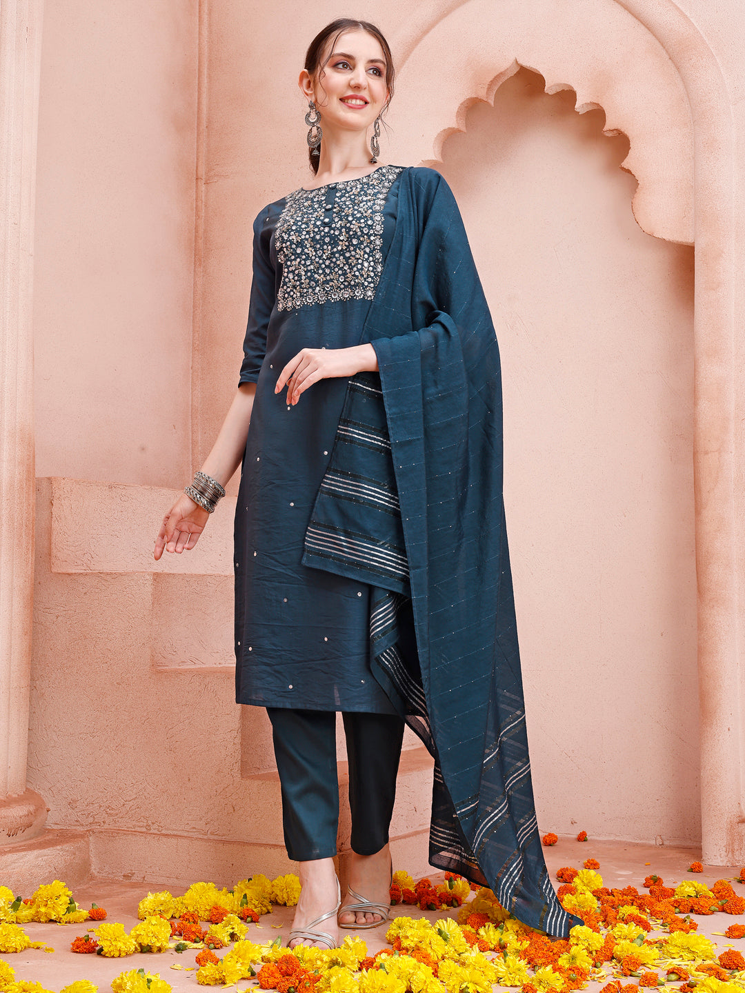 Hand Embroidered Kurta With Pant And Dupatta Set, Multicolor - Hiral Fashion