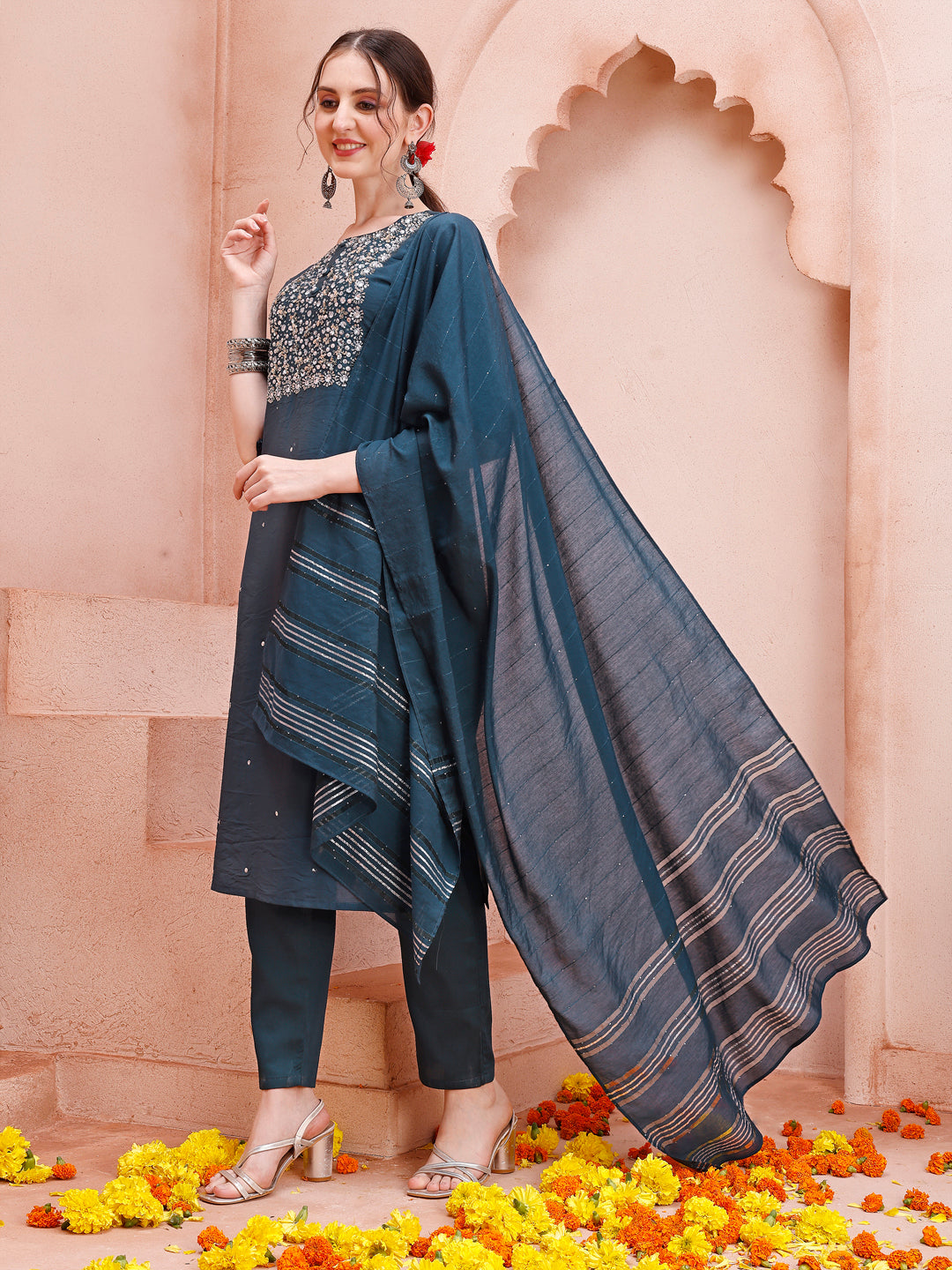 Hand Embroidered Kurta With Pant And Dupatta Set, Multicolor - Hiral Fashion