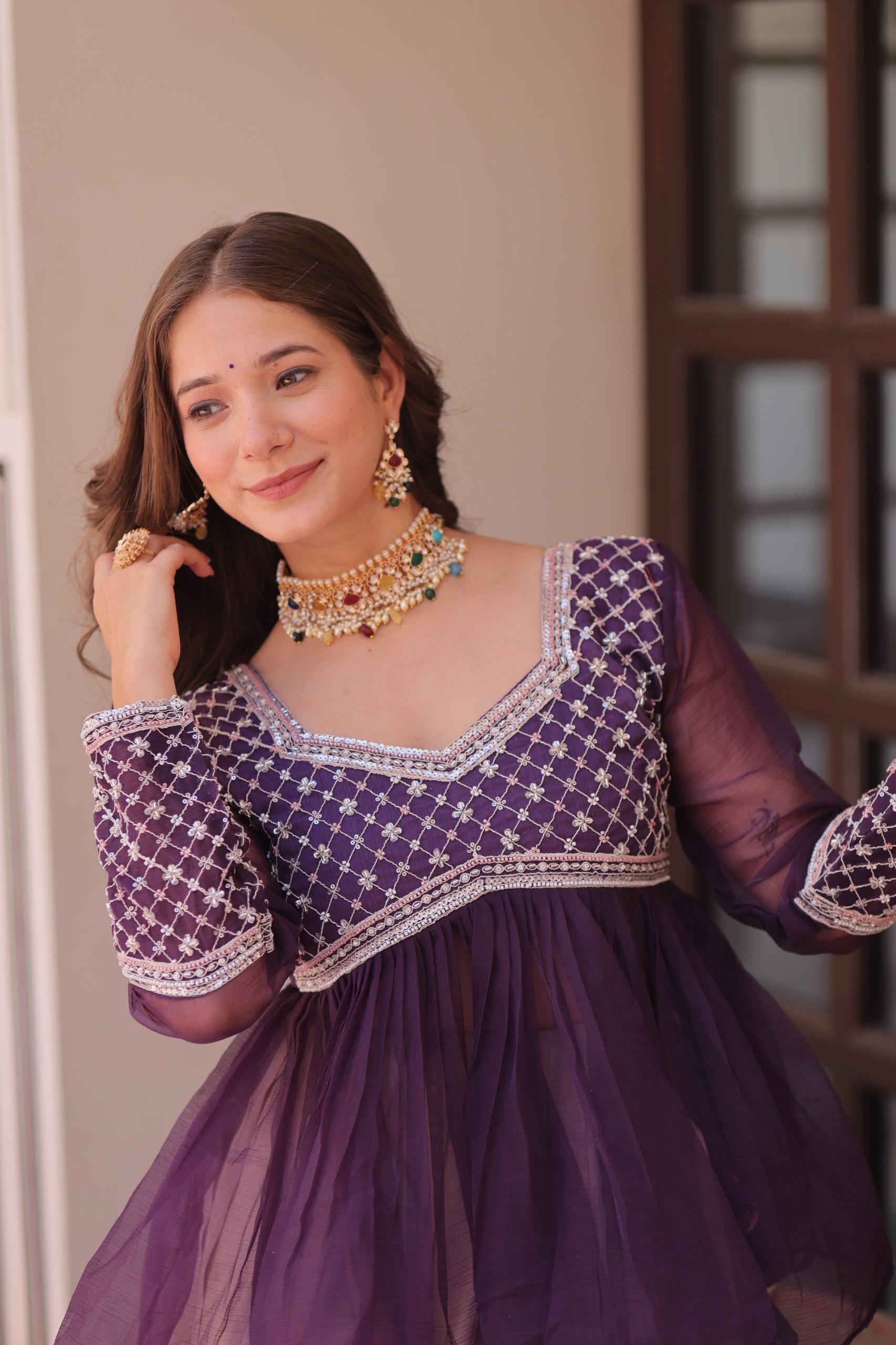 Prazu Fashion Purple Chiffon With Beads Embroidered Work Lehenga