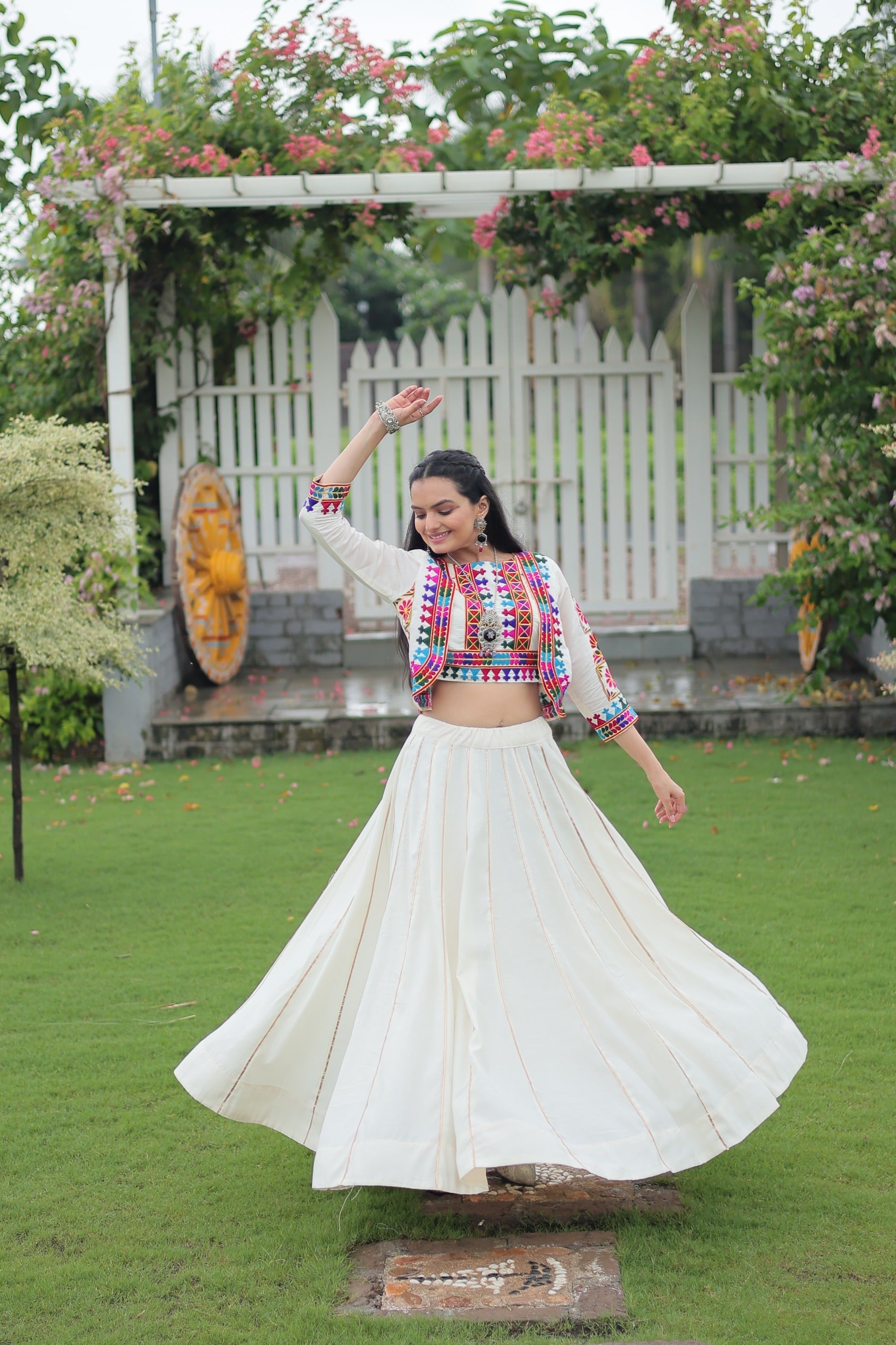 Prazu Fashion Off White Roman Silk Kutchi Gamthi Embroidered Work Lehenga For Navaratri