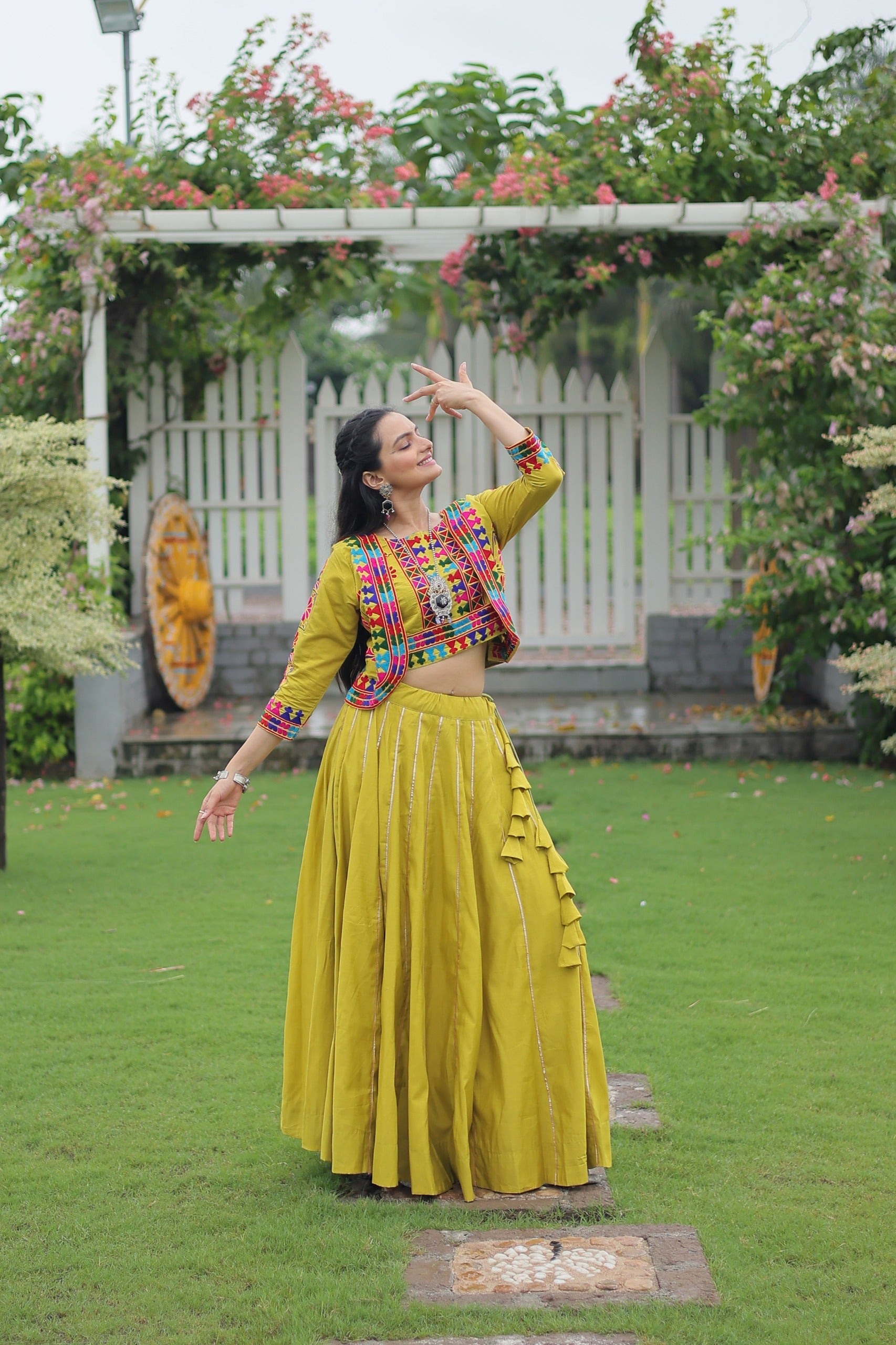 Prazu Fashion Parrot Roman Silk Kutchi Gamthi Embroidered Work Lehenga For Navaratri
