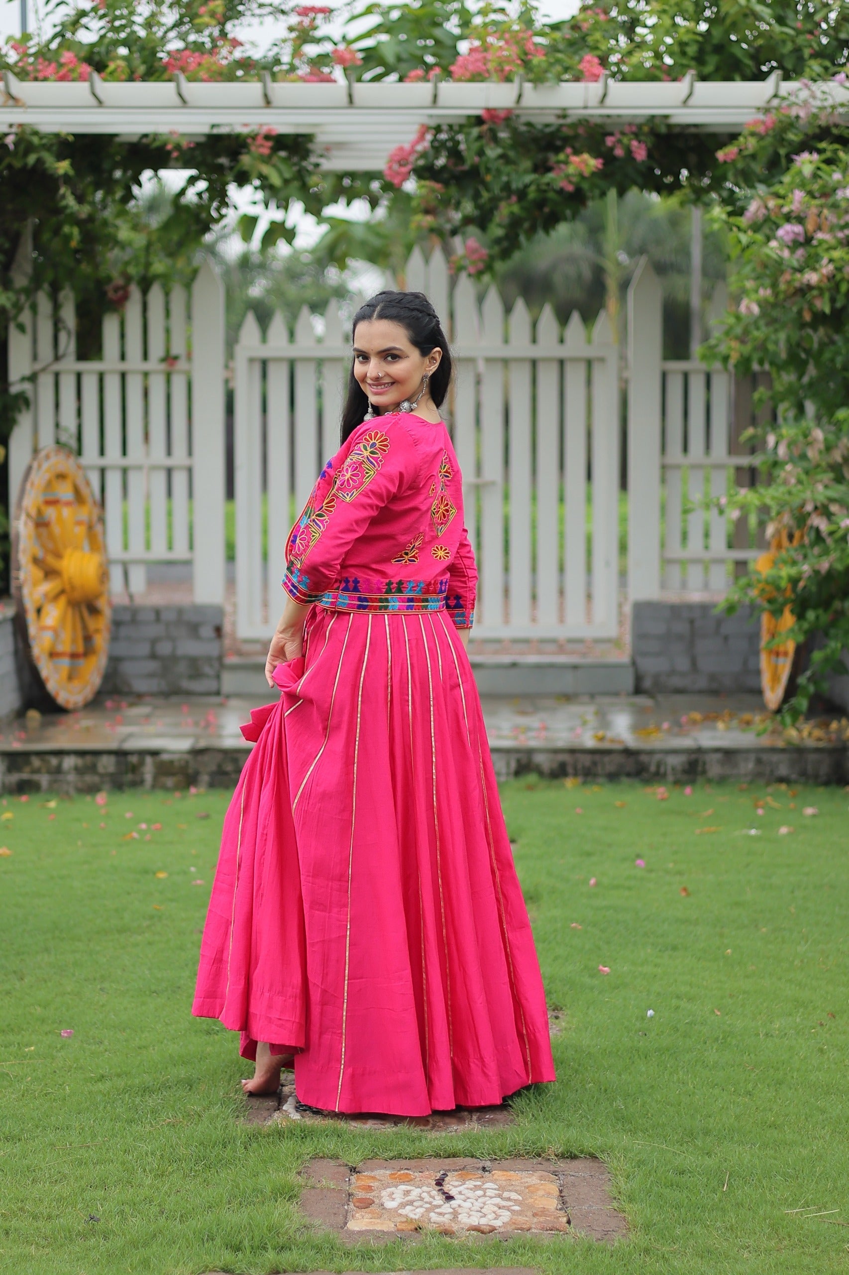 Prazu Fashion Pink Roman Silk Kutchi Gamthi Embroidered Work Lehenga For Navaratri