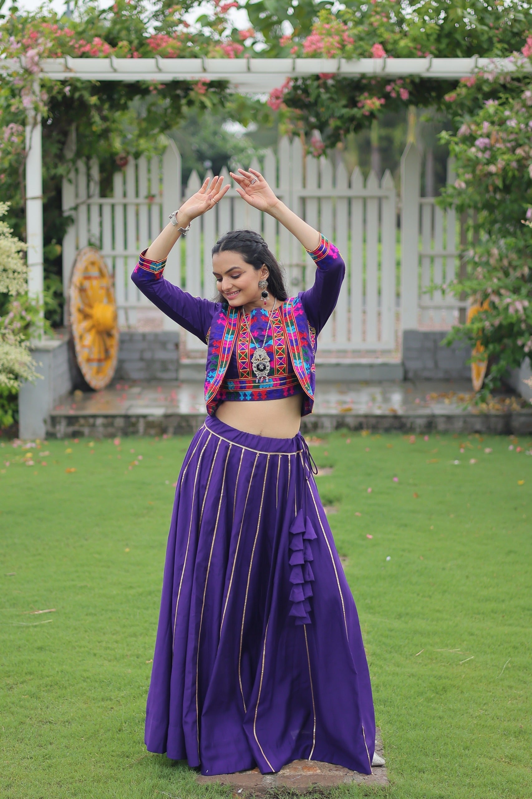 Prazu Fashion Purple Roman Silk Kutchi Gamthi Embroidered Work Lehenga For Navaratri