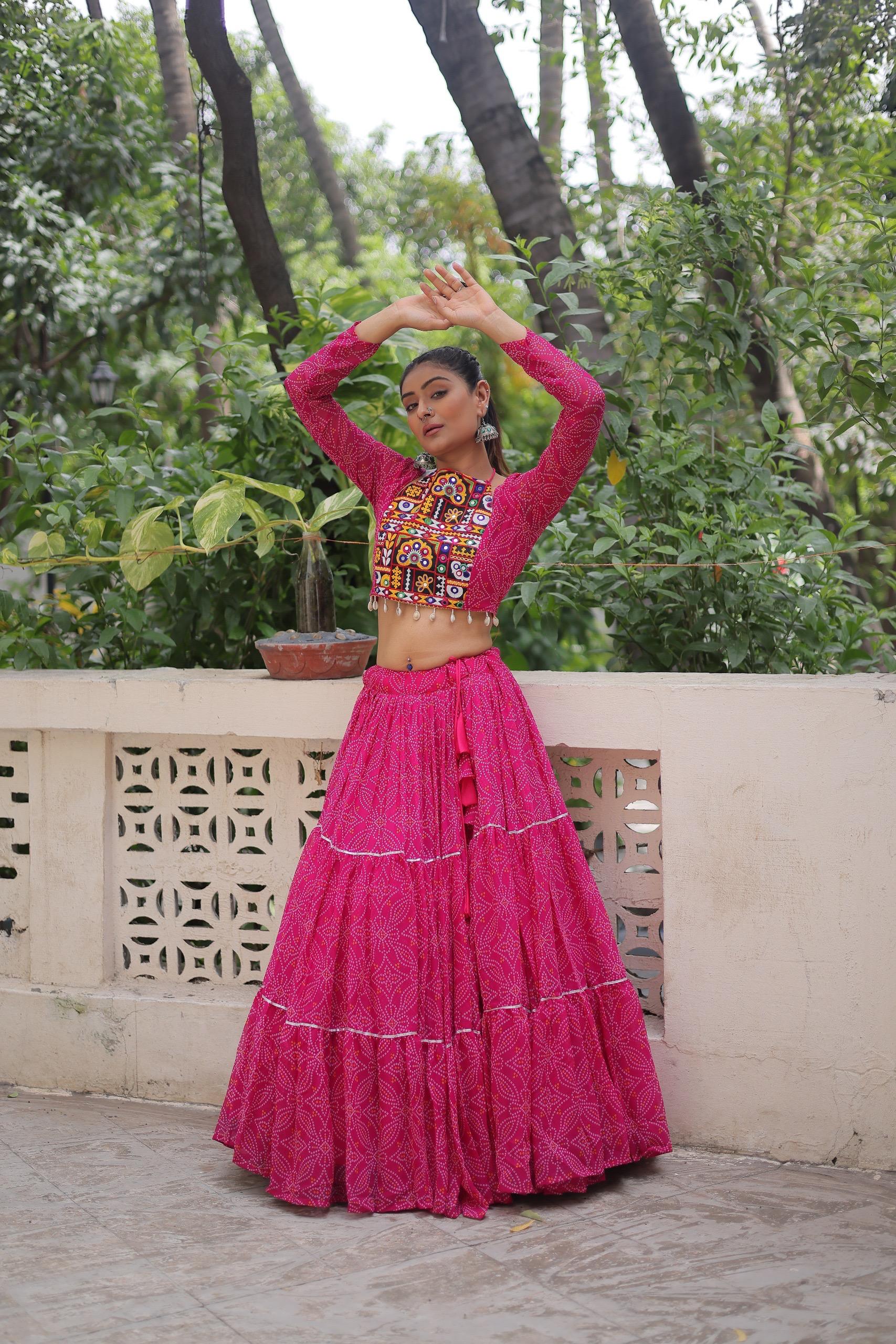 Prazu Fashion Pink Georgette Bandhej Print With Gotta Patti Lehenga For Navratri