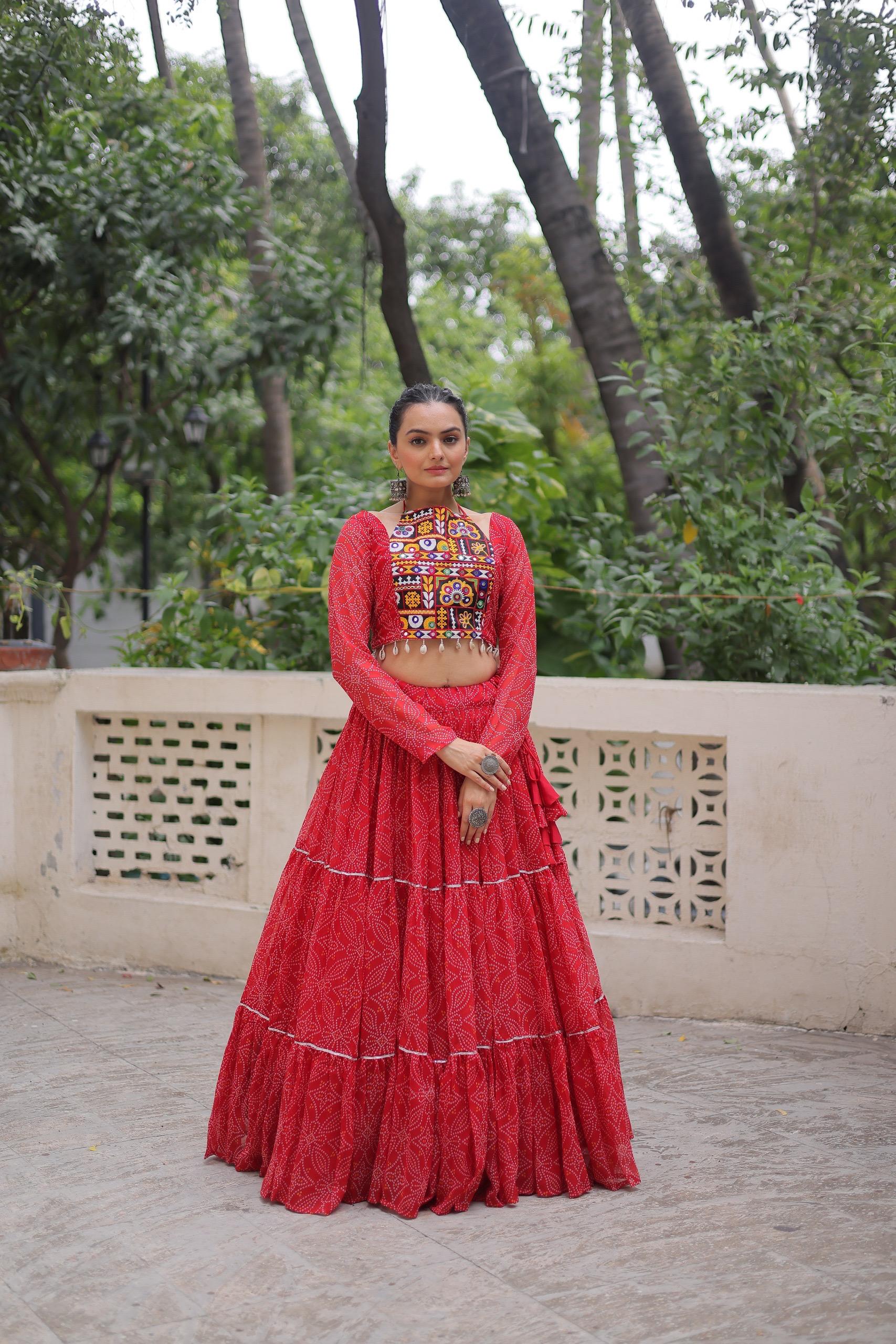 Prazu Fashion Red Georgette Bandhej Print With Gotta Patti Lehenga For Navratri