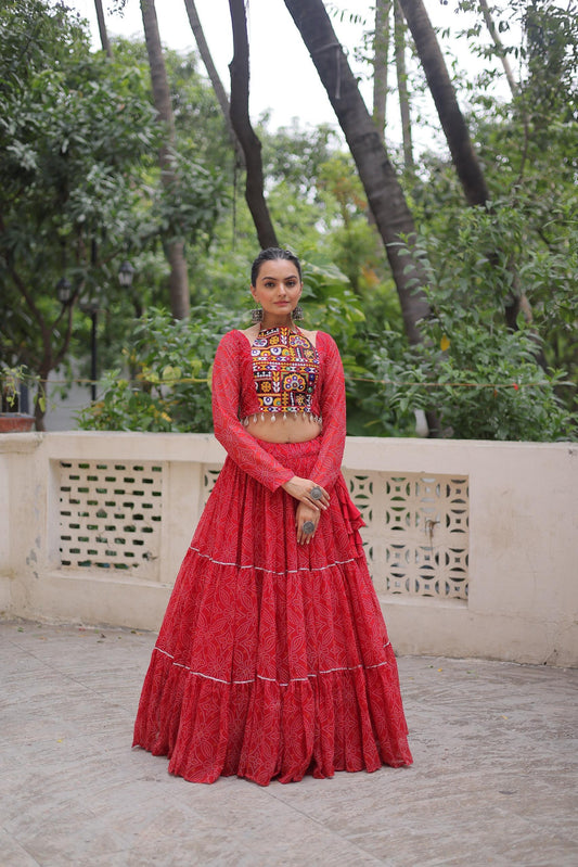 Prazu Fashion Red Georgette Bandhej Print With Gotta Patti Lehenga For Navratri
