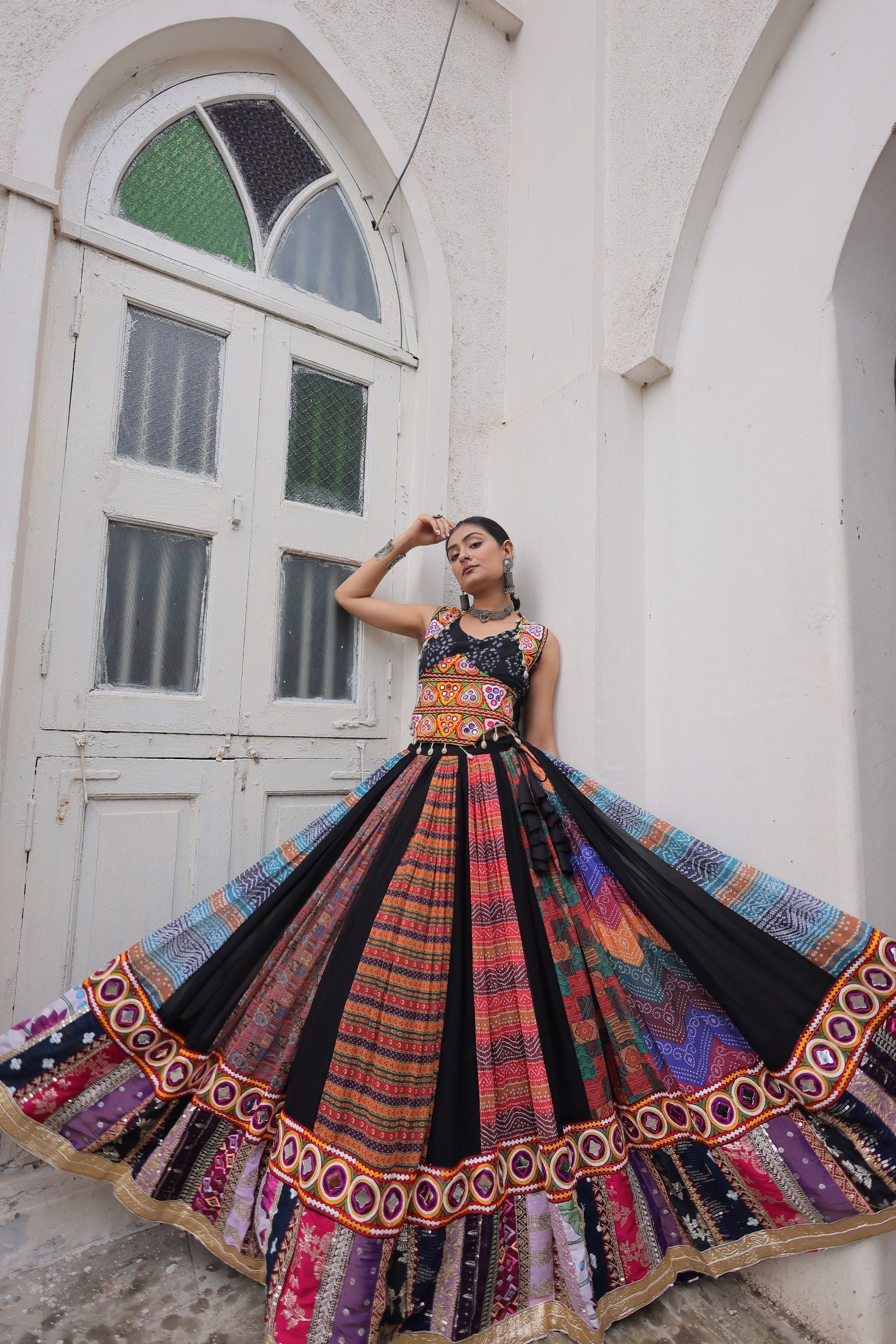 Prazu Fashion Black Georgette Print With Gamthi Work Navratri Lehenga