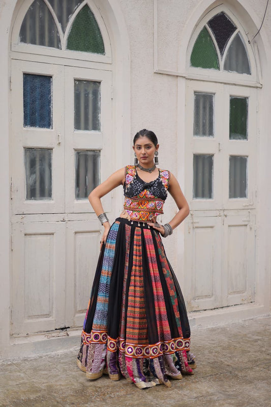 Prazu Fashion Black Georgette Print With Gamthi Work Navratri Lehenga