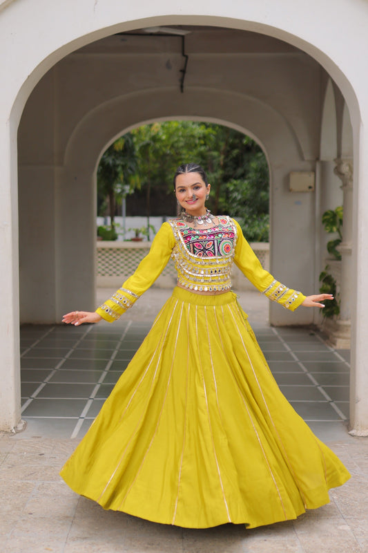 Prazu Fashion Parrot Roman Kutchi Gamthi Embroidered Work Lehenga For Navratri