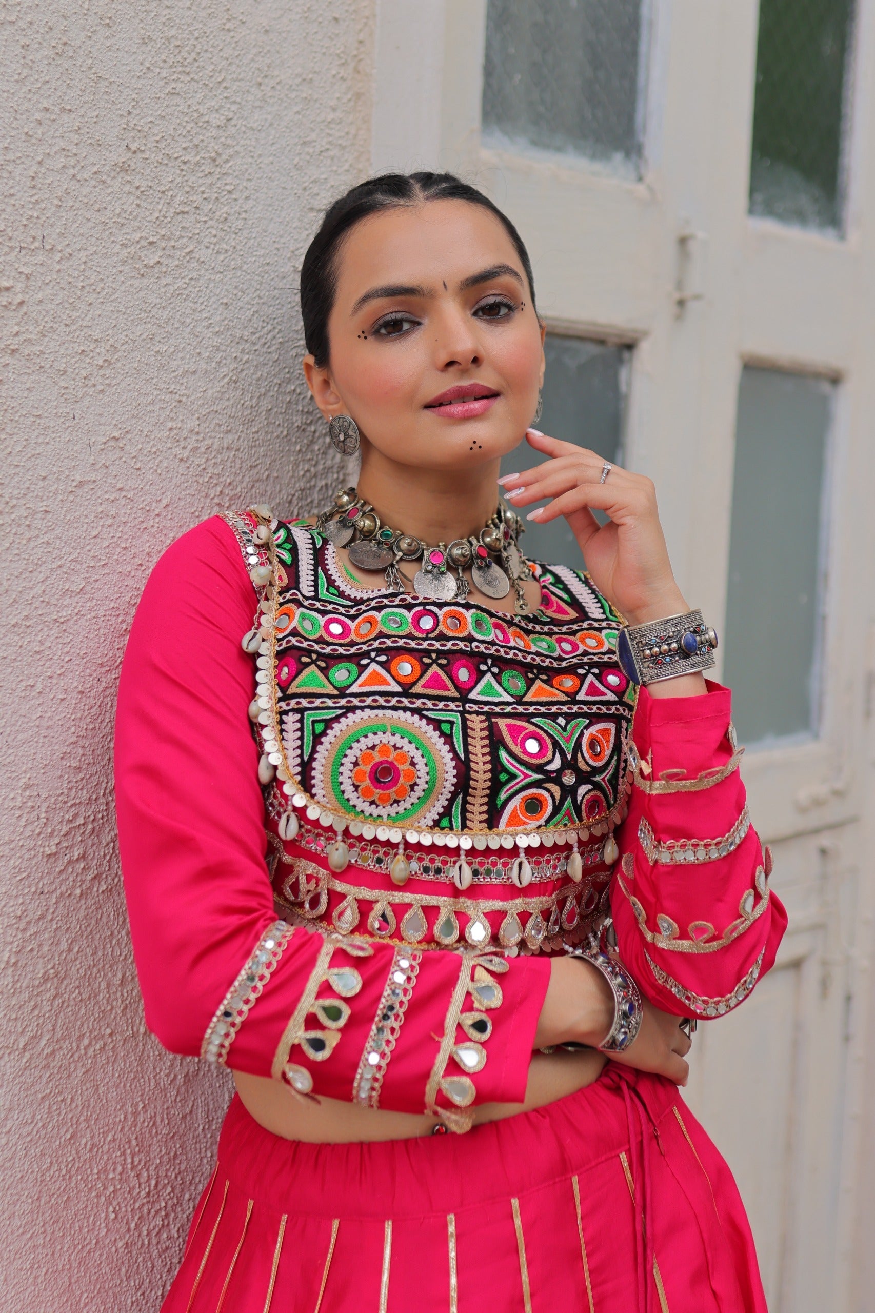 Prazu Fashion Pink Roman Kutchi Gamthi Embroidered Work Lehenga For Navratri