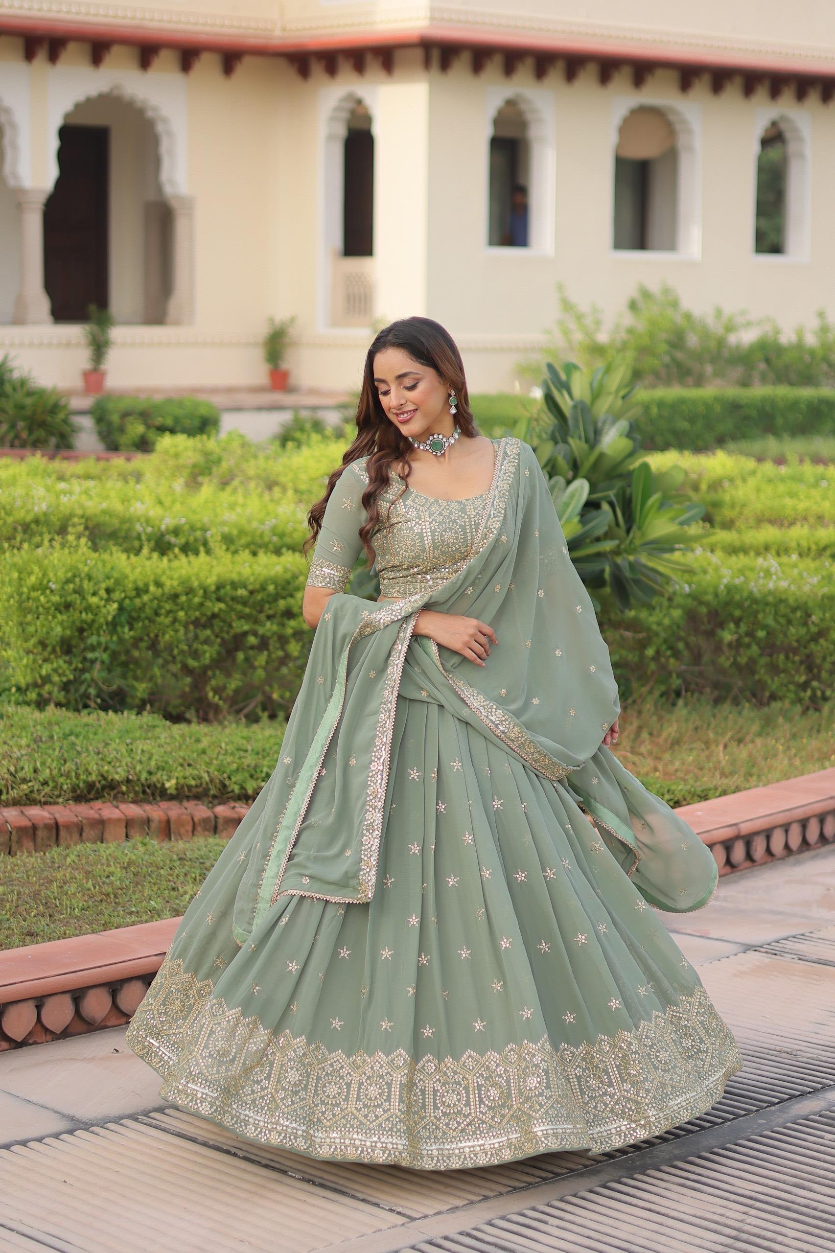 Prazu Fashion Olive Green Georgette With Sequins & Zari Multi Embroidered Lehenga