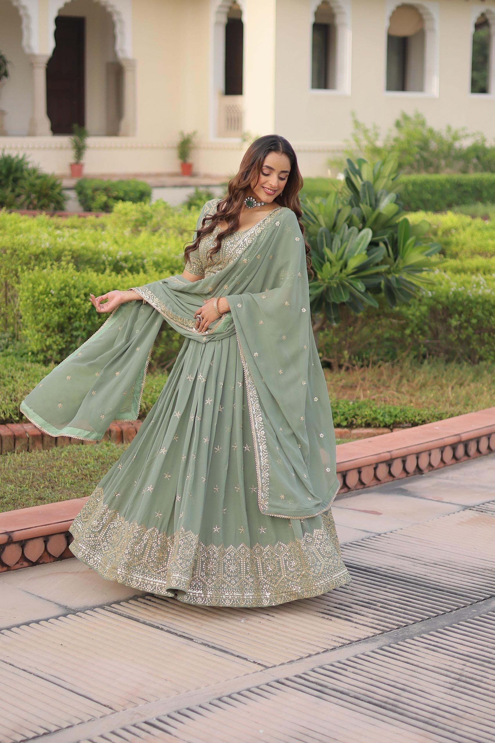 Prazu Fashion Olive Green Georgette With Sequins & Zari Multi Embroidered Lehenga
