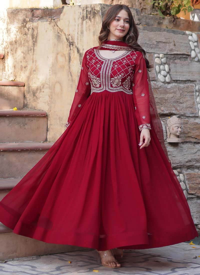 Prazu Fashion Maroon Georgette Embroidered Sequence Gown With Dupatta