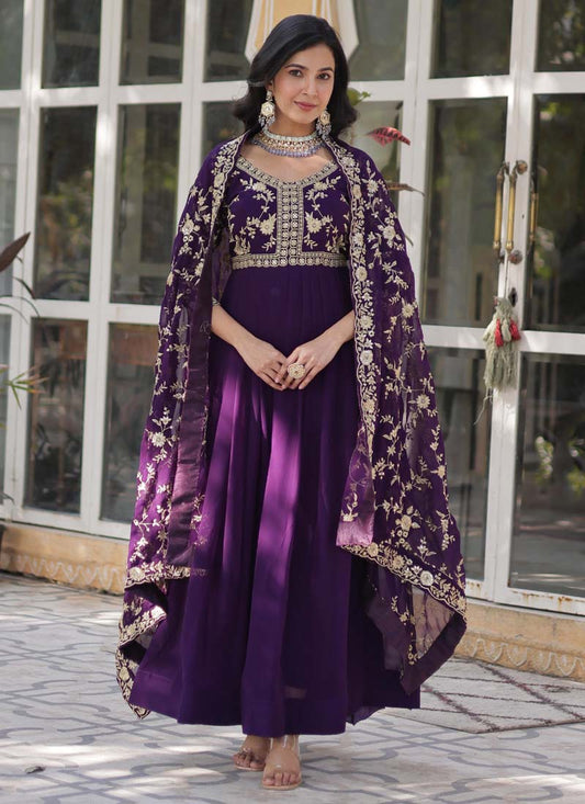 Prazu Fashion Purple Georgette Embroidered Sequence Gown With Dupatta