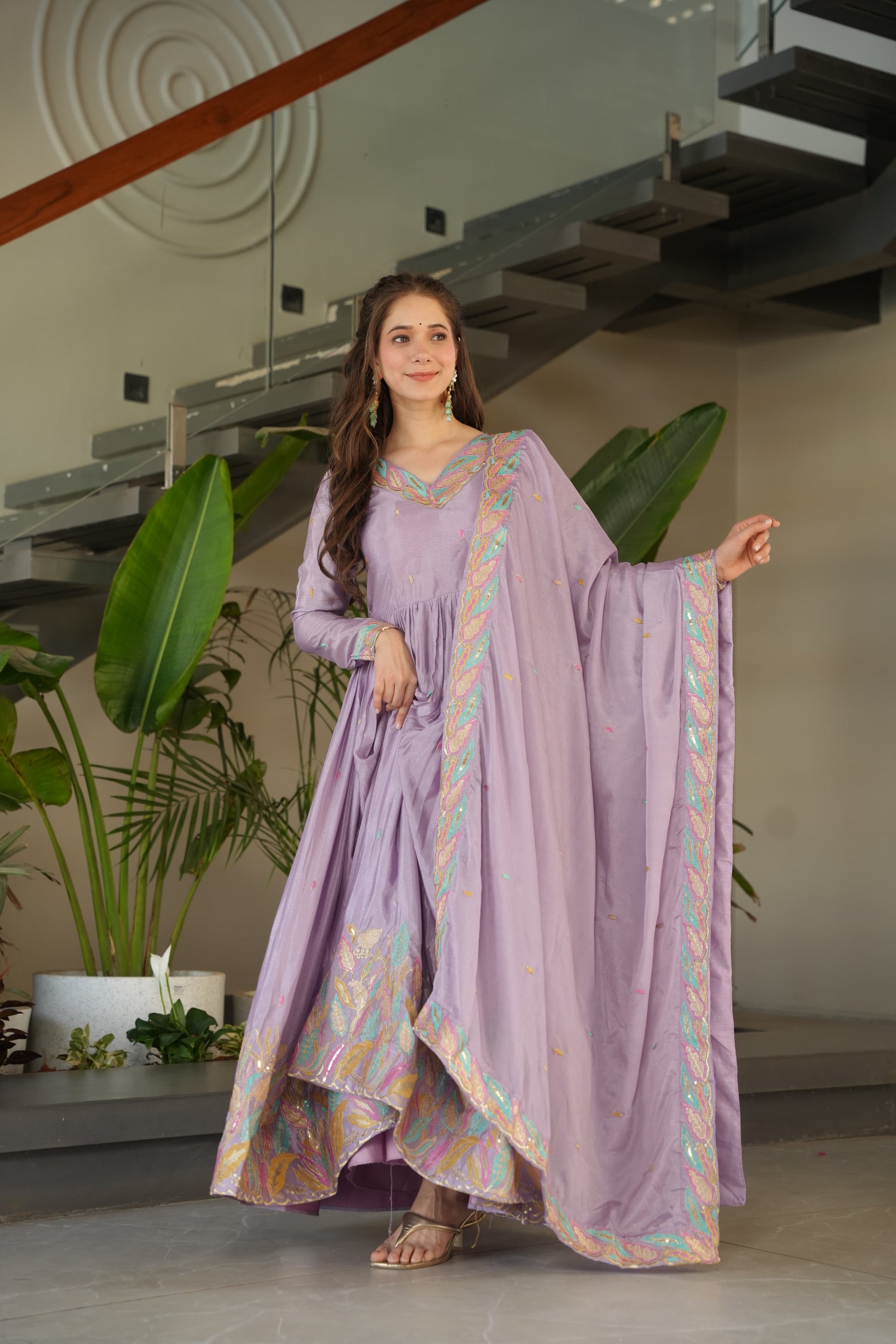 Prazu Fashion Lavender Chinon Silk Sequence Gown With Dupatta