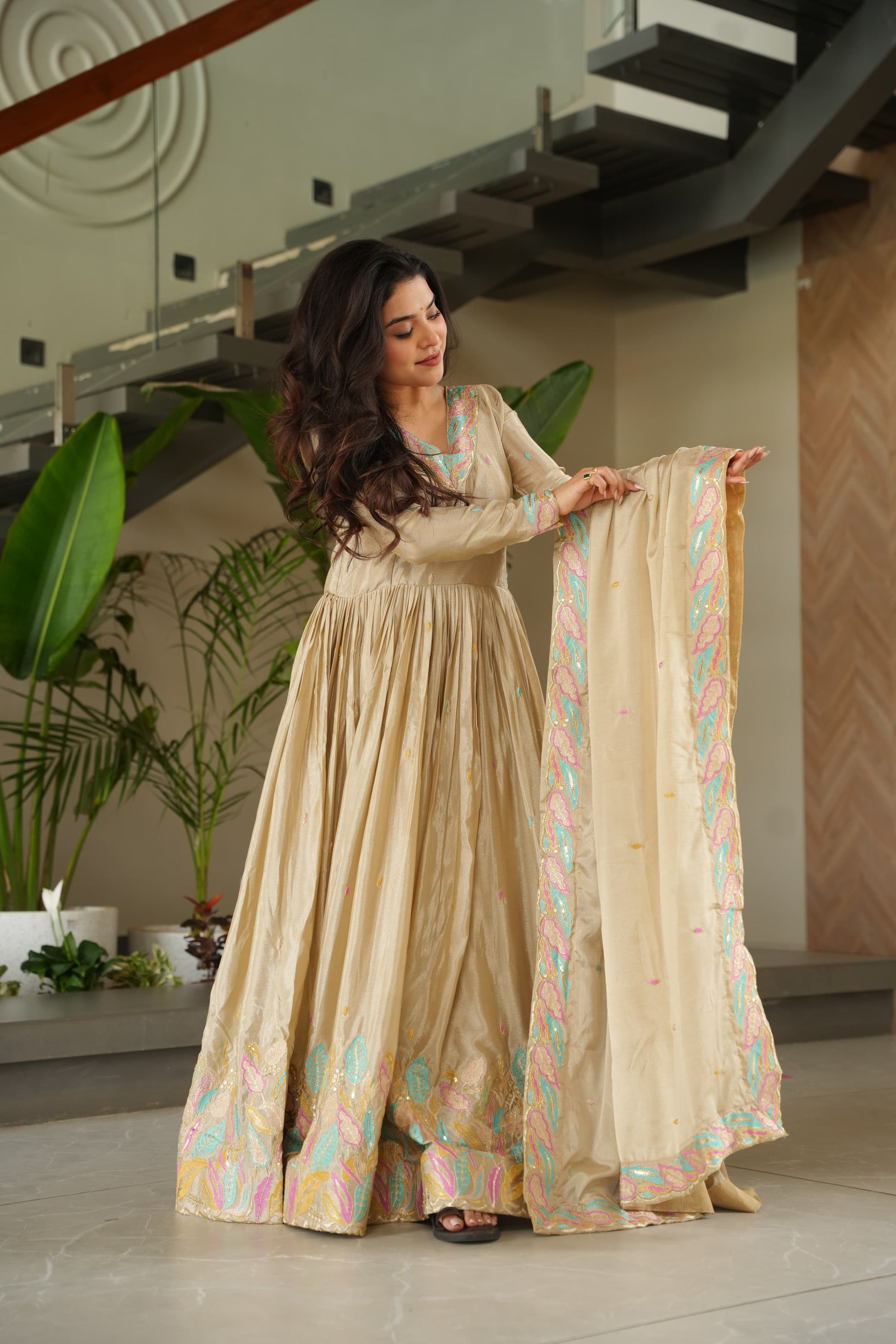 Prazu Fashion Off White Chinon Silk Sequence Gown With Dupatta