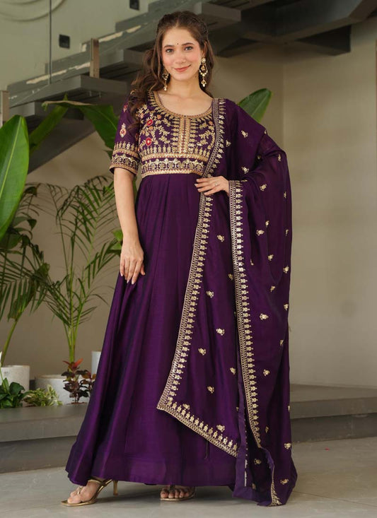 Prazu Fashion Violet Vichitra Silk Embroidered Sequence Gown With Dupatta