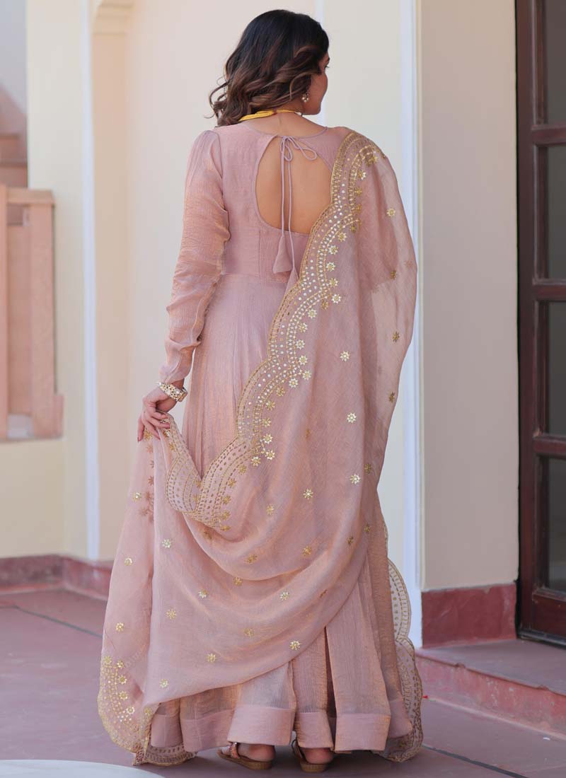 Prazu Fashion Light Peach Fendy Chiffon Embroidered Gown With Dupatta