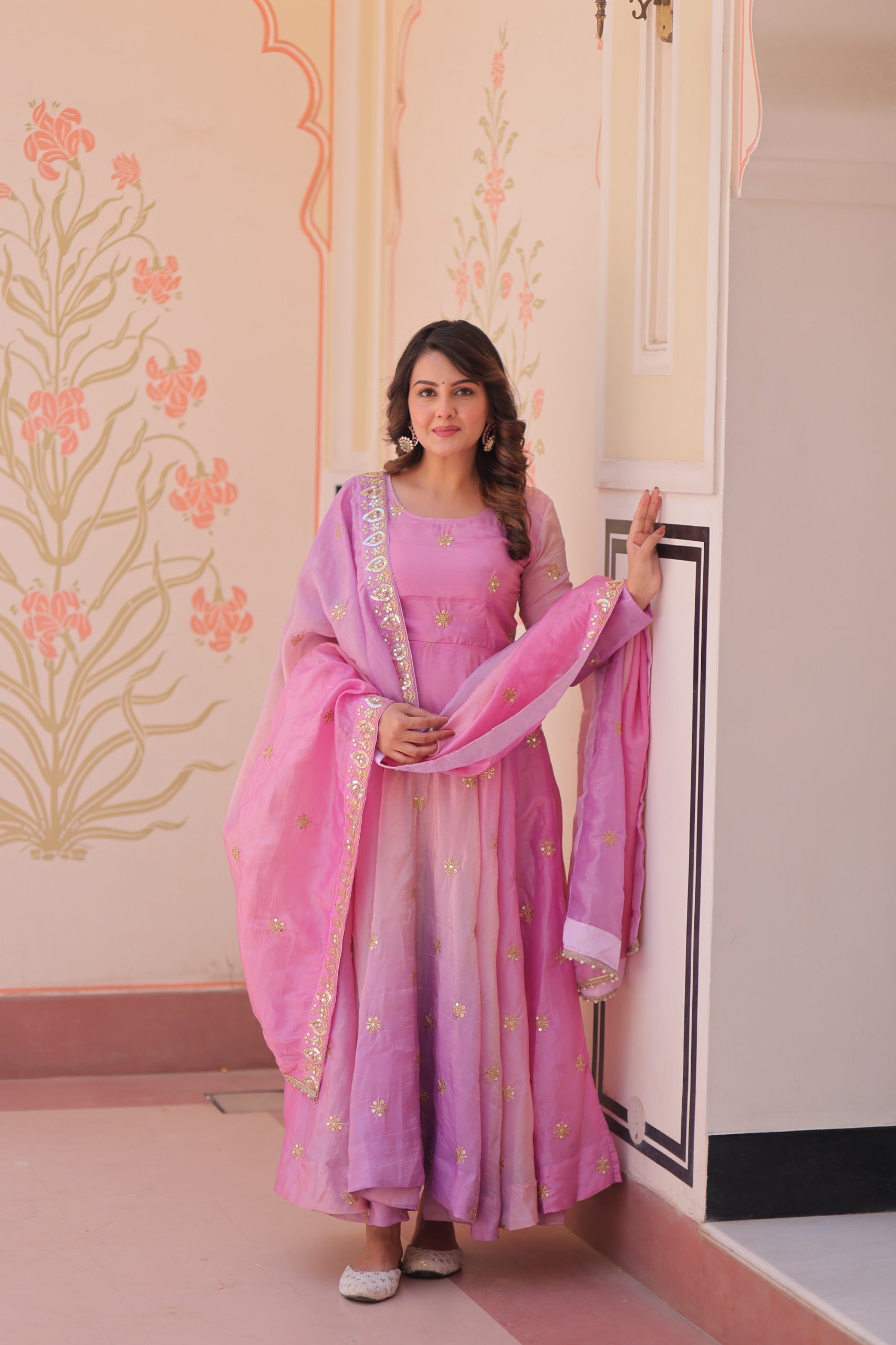 Prazu Fashion Pink Organza Embroidered Gown With Dupatta