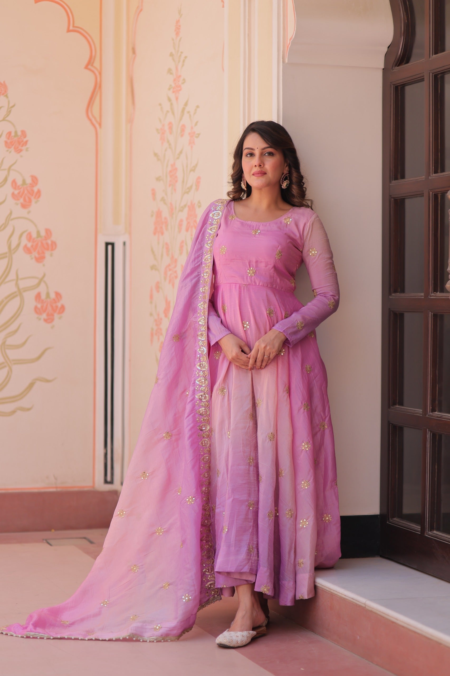 Prazu Fashion Pink Organza Embroidered Gown With Dupatta
