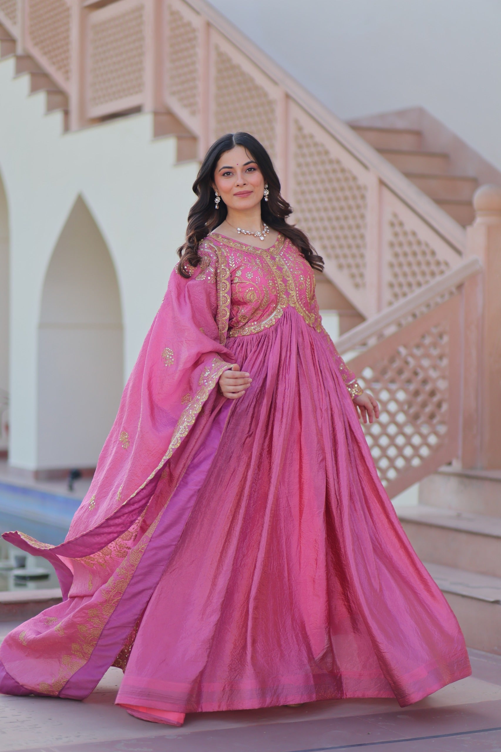 Prazu Fashion Light Pink Gold Cursh Sequence Gown With Dupatta
