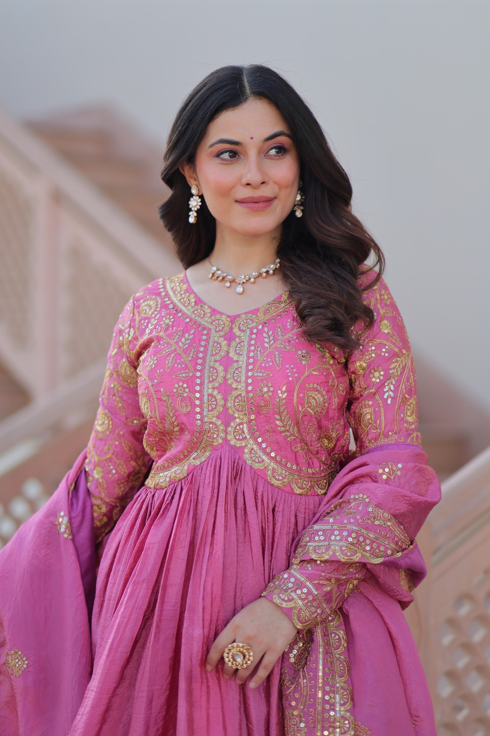 Prazu Fashion Light Pink Gold Cursh Sequence Gown With Dupatta
