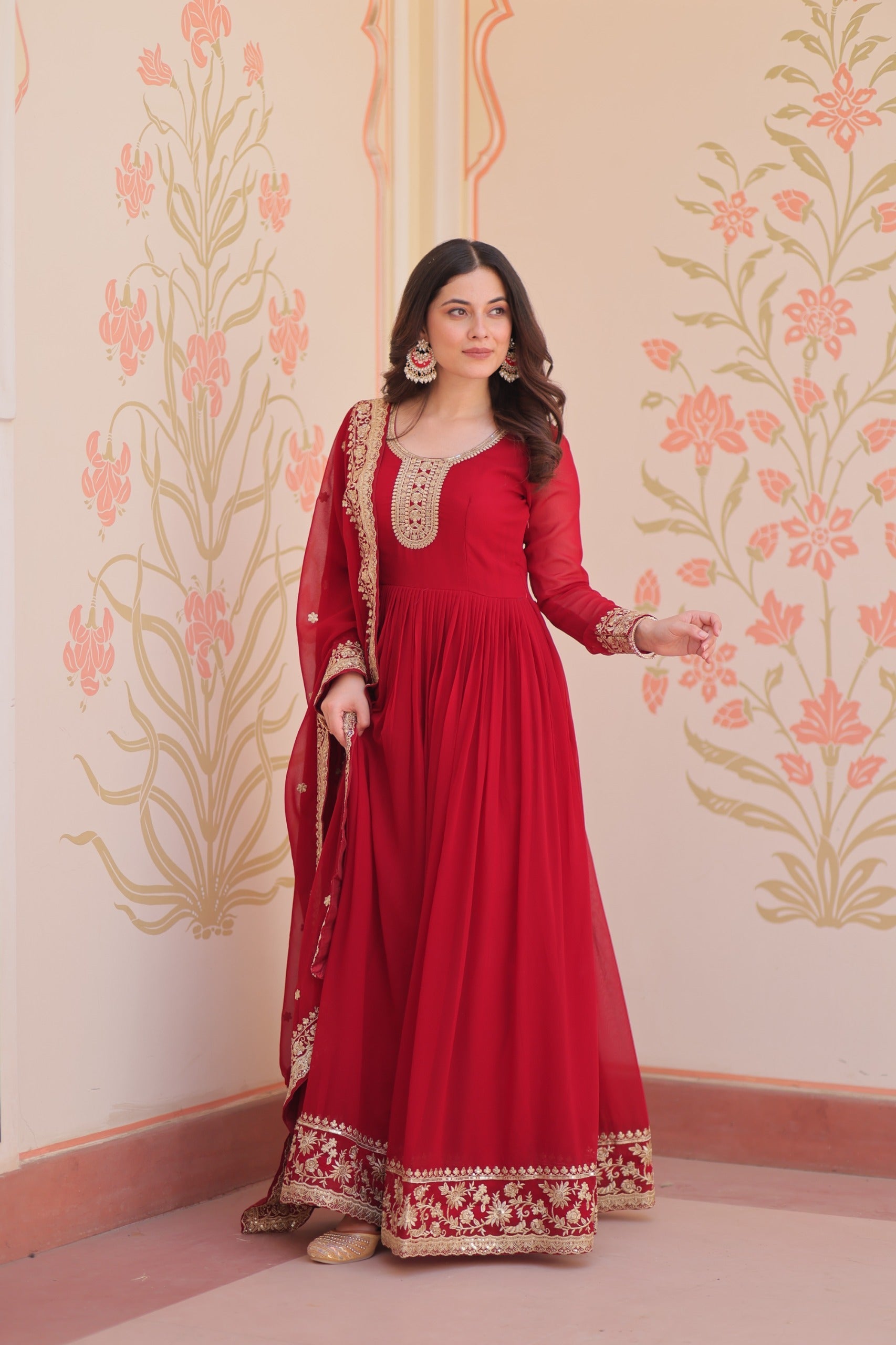 Prazu Fashion Maroon Georgette Zari & Sequins Embroidered Gown