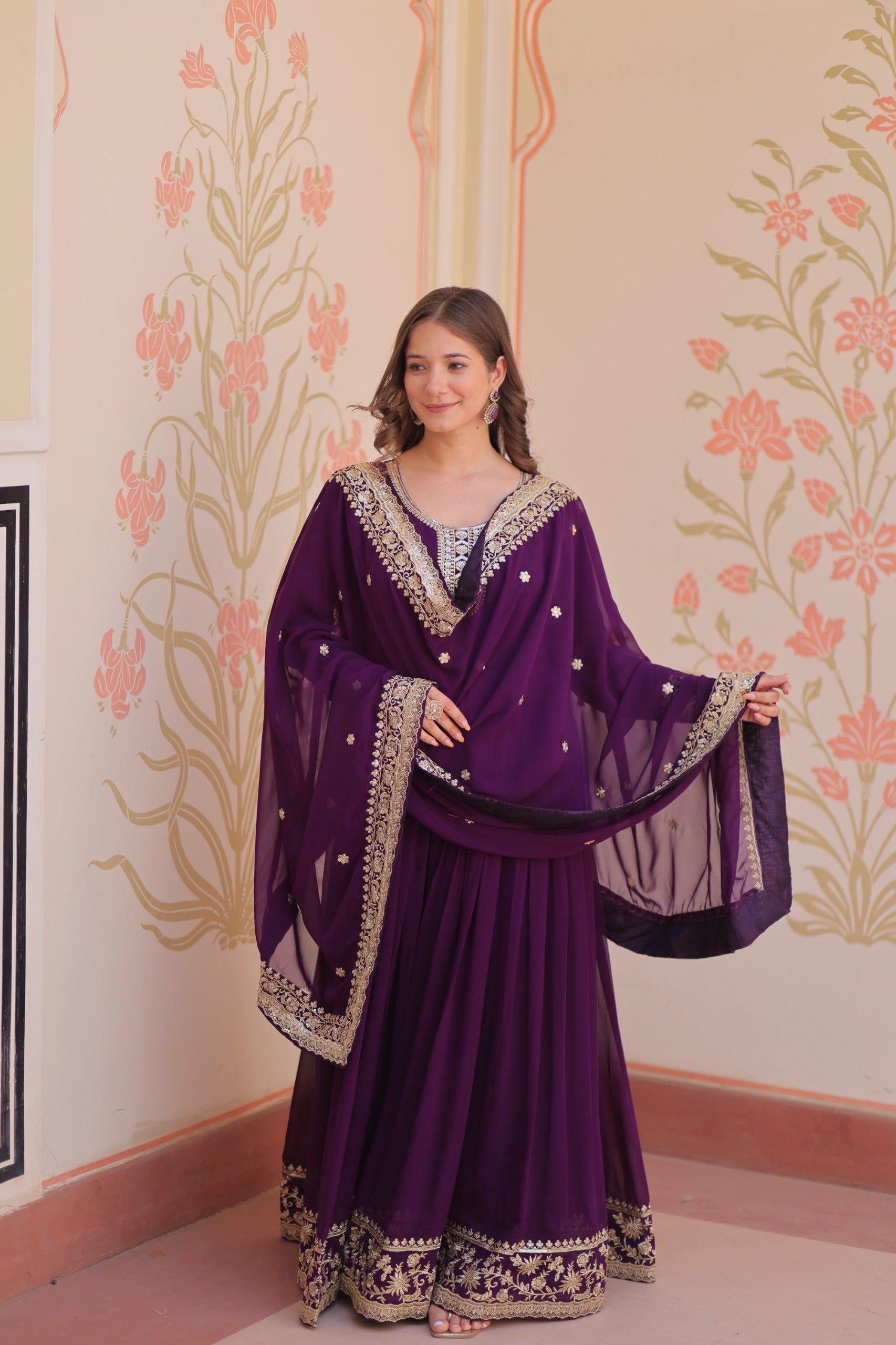 Prazu Fashion Purple Georgette Zari & Sequins Embroidered Gown