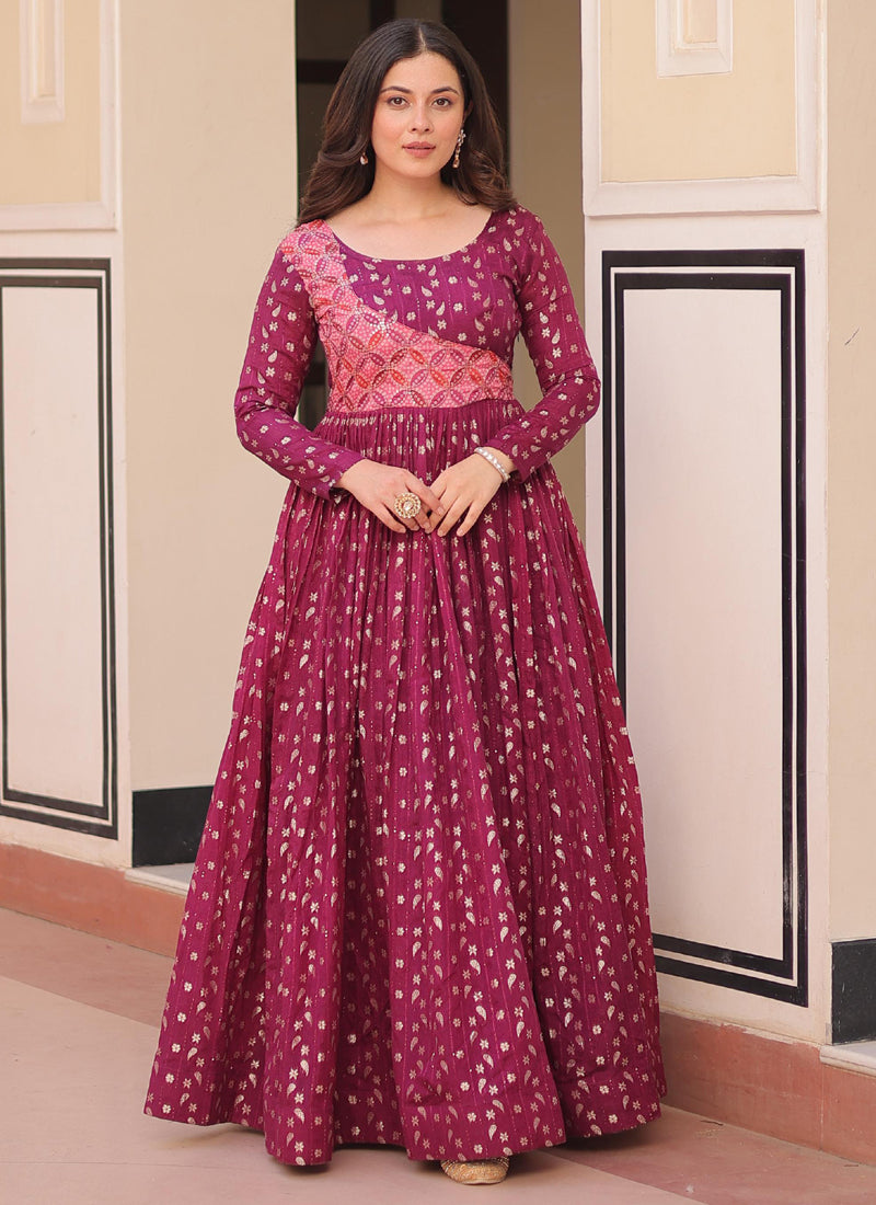 Prazu Fashion Wine Silk Position Print Jacquard Weaving Gown