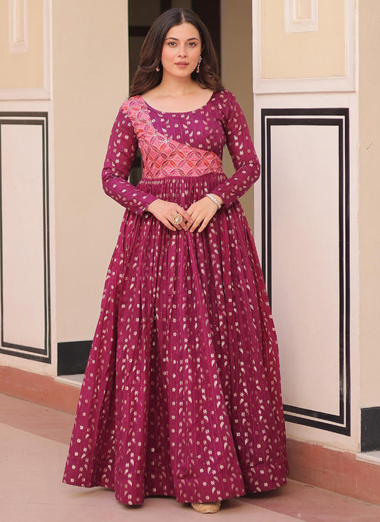 Prazu Fashion Wine Silk Position Print Jacquard Weaving Gown