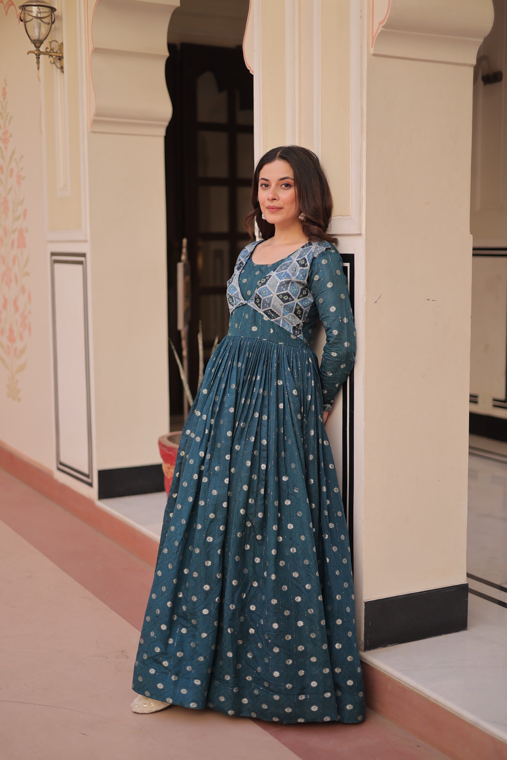 Prazu Fashion Rama Position Print Choli With Staple Jequard Weaving Work Gown