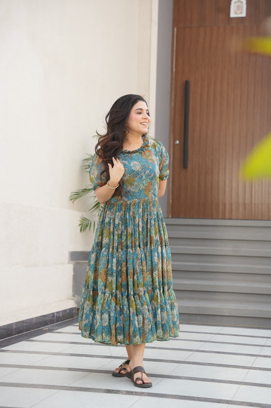 Prazu Fashion Light Blue Georgette Printed Gown