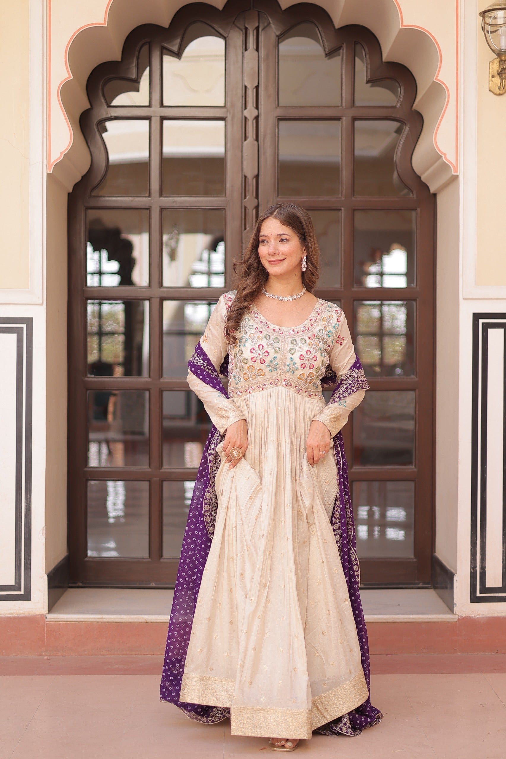 Prazu Fashion Cream Cosmos Weaving Jacquard Pearl Beads Embroidered Gown