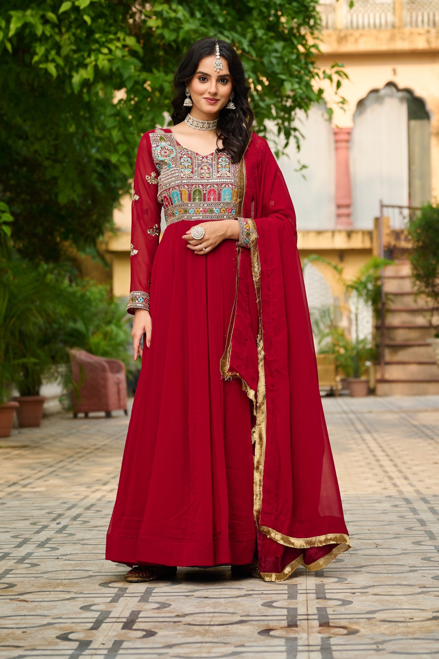 Prazu Fashion Maroon Georgette Embroidered Gown With Dupatta