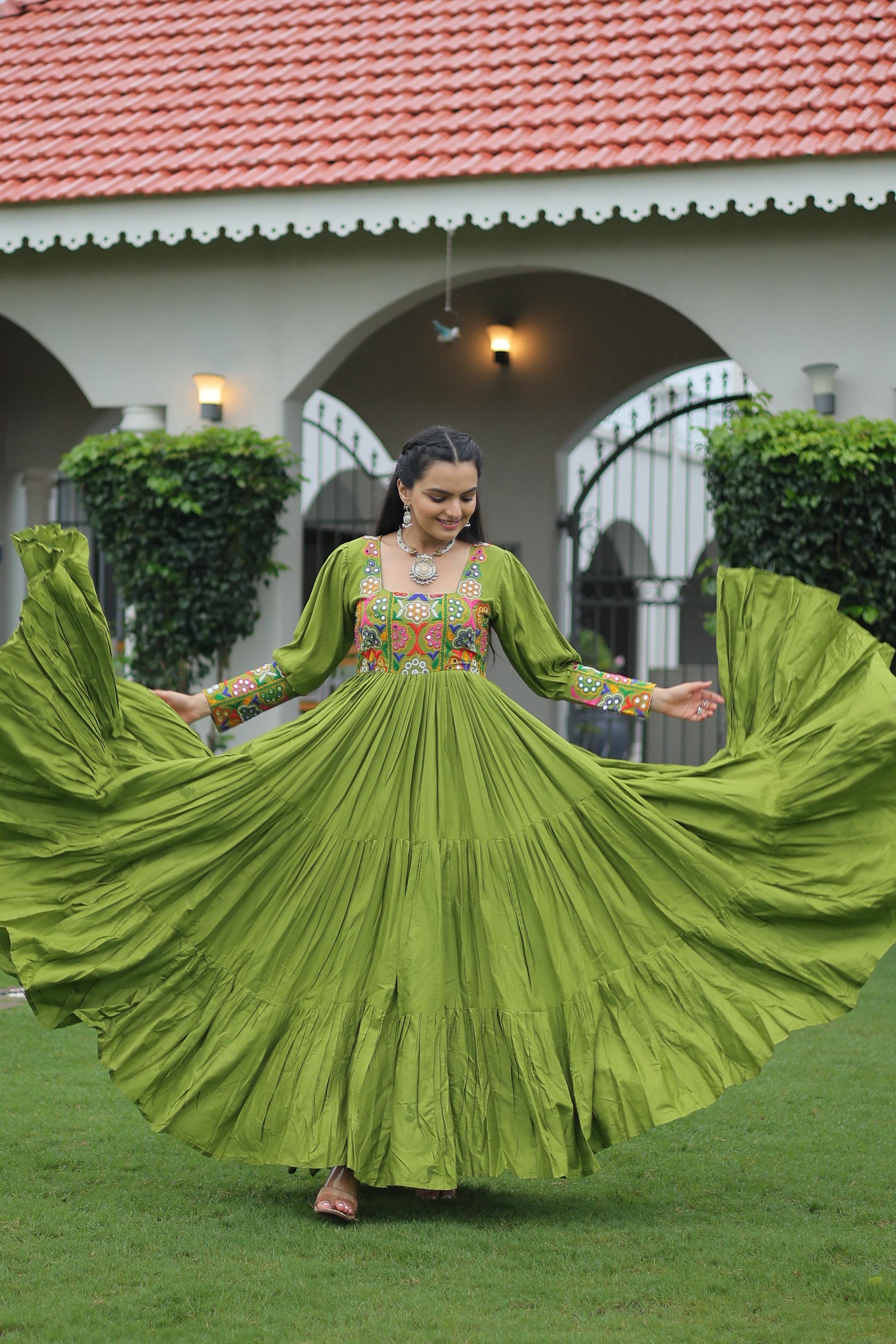 Prazu Fashion Parrot Reyon Kutchi Gamthi Work Navaratri Gown