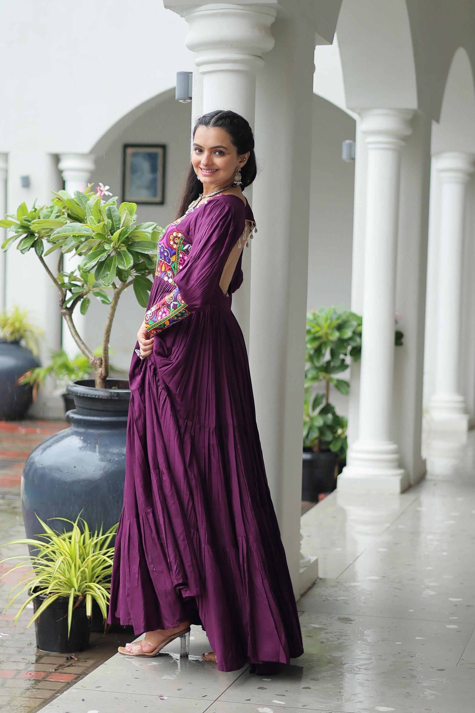 Prazu Fashion Wine Reyon Kutchi Gamthi Work Navaratri Gown