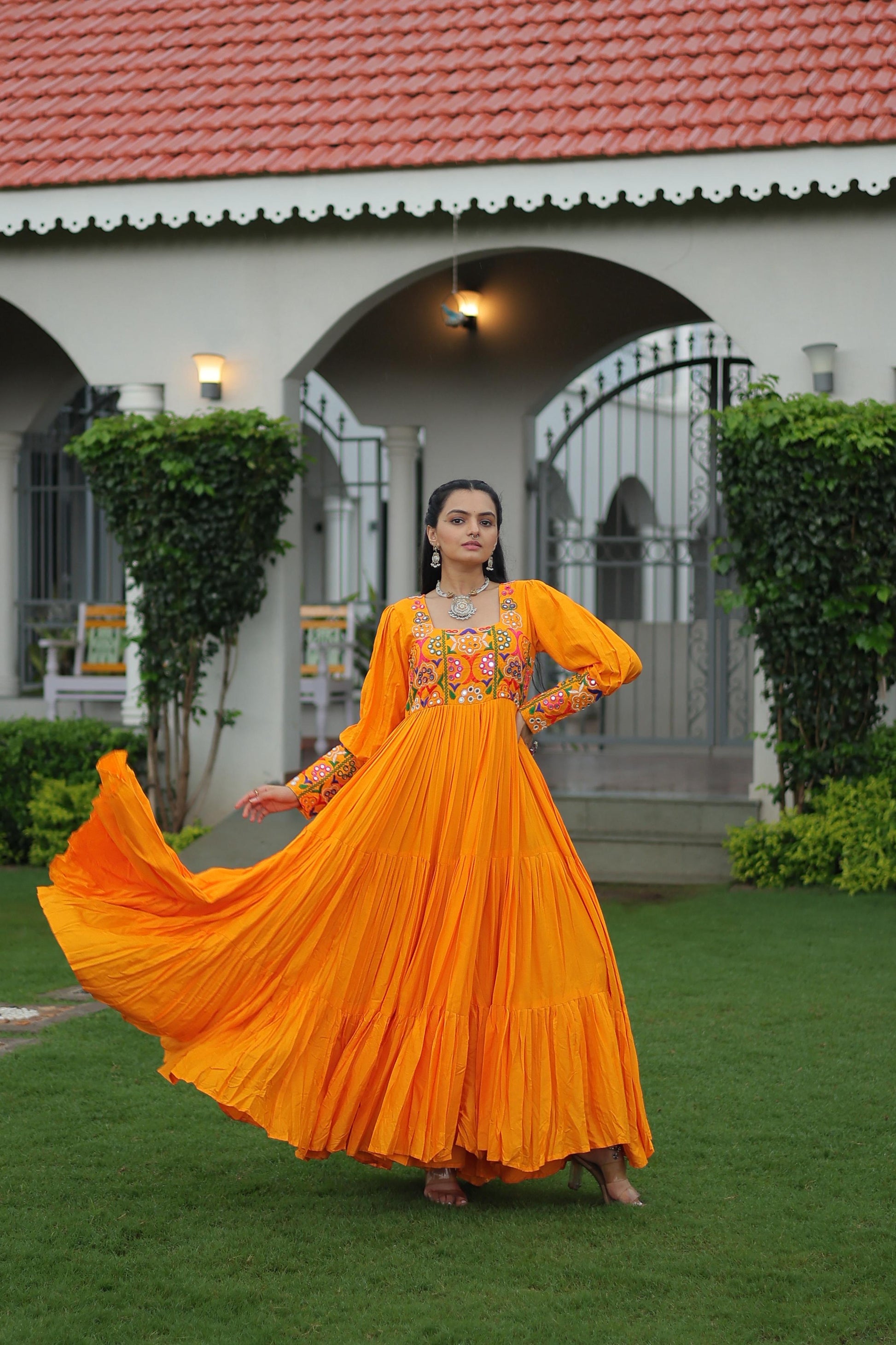Prazu Fashion Yellow Reyon Kutchi Gamthi Work Navaratri Gown