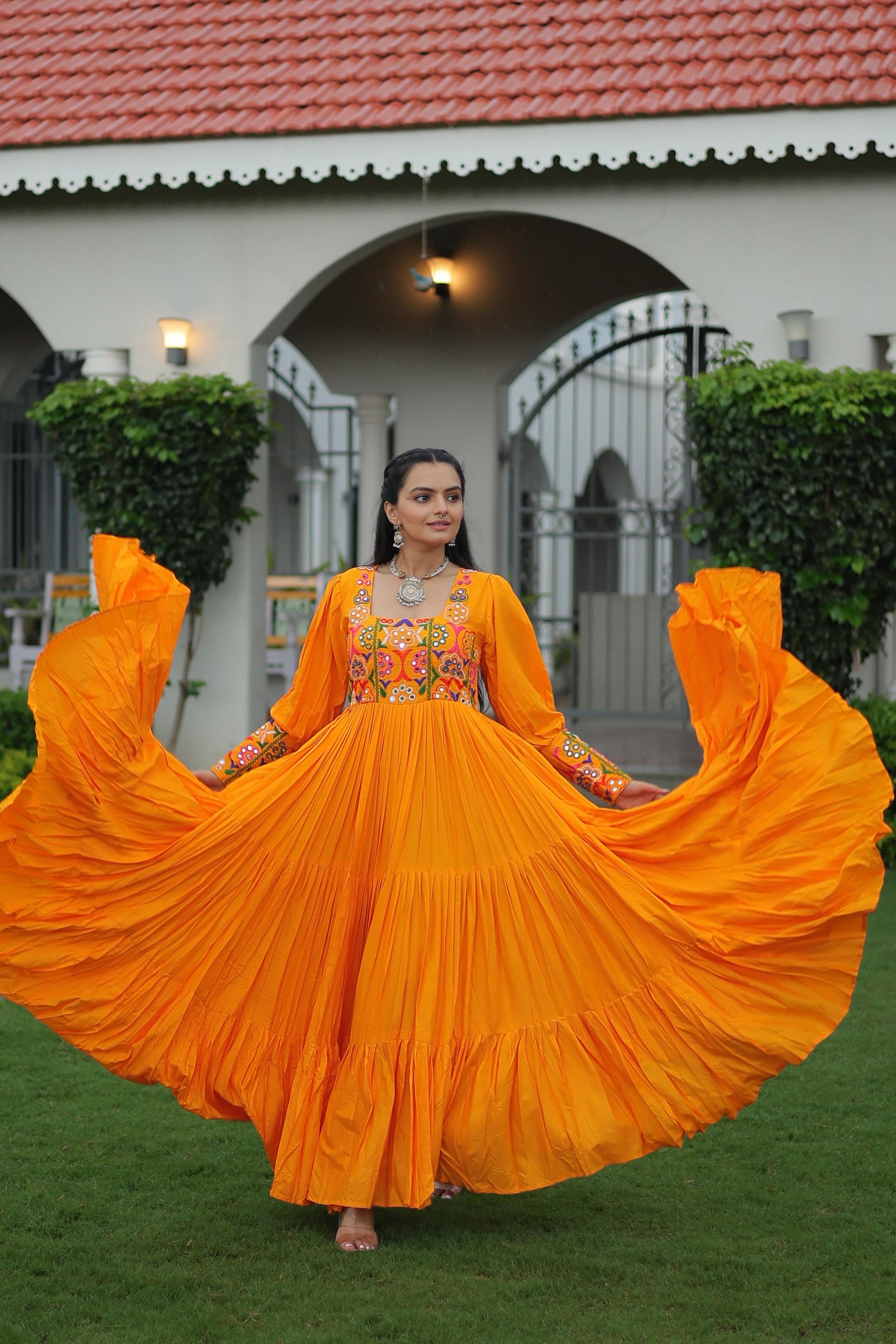 Prazu Fashion Yellow Reyon Kutchi Gamthi Work Navaratri Gown